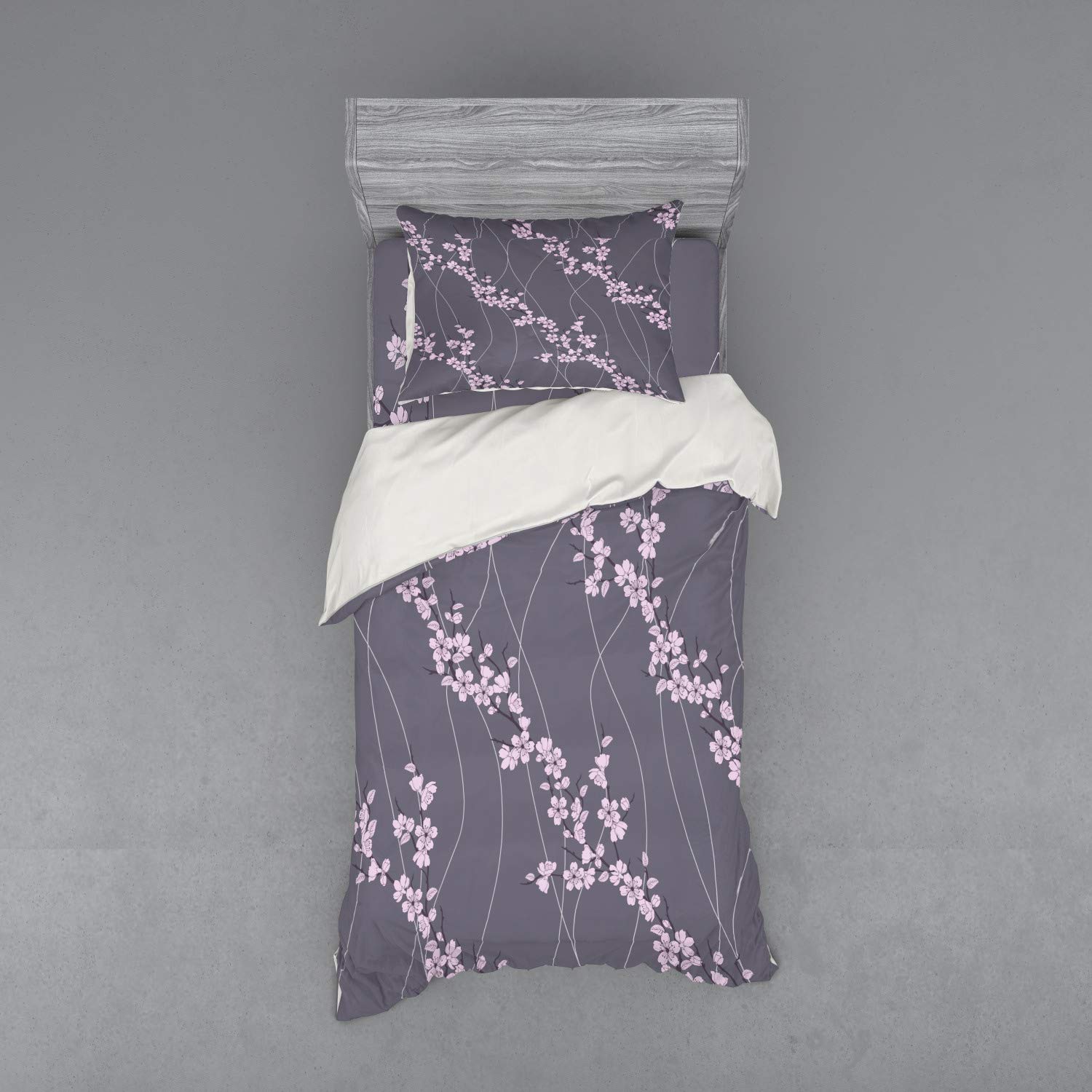 Ambesonne Floral Bedding Set - Japanese Cherry Blossom Duvet Cover 3-Piece Set with Pillow Sham & Fitted Sheet, Twin Size in Taupe Pink | Modern Oriental Home Decor for Spring Bedroom Refresh