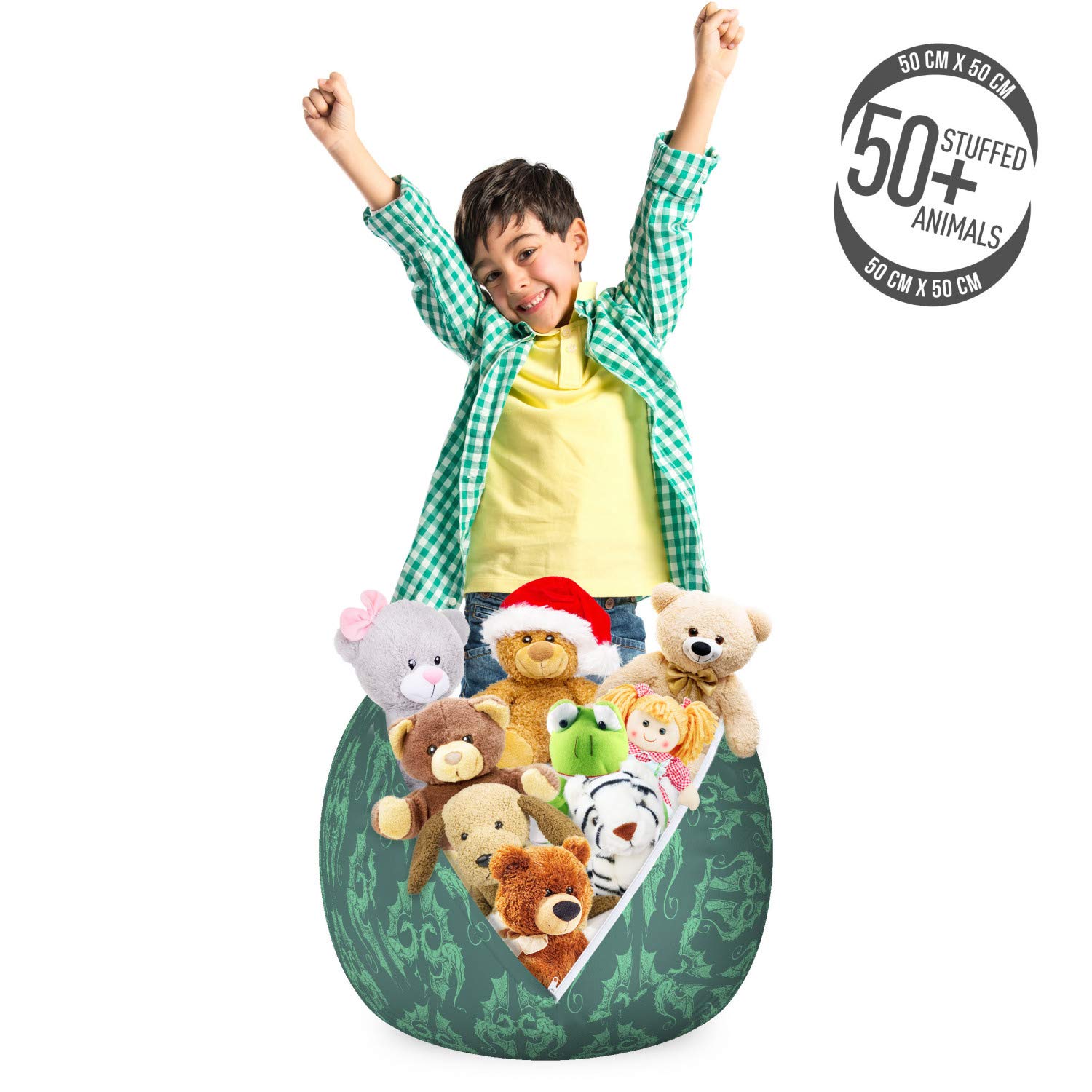 Ambesonne Dragon Toy Storage Bag Chair - Mystic Cultural Pattern Stuffed Animal Organizer, Washable Small Size in Grey Teal Laurel Green - Perfect for Kids' Room, Playroom & Dorm Organization