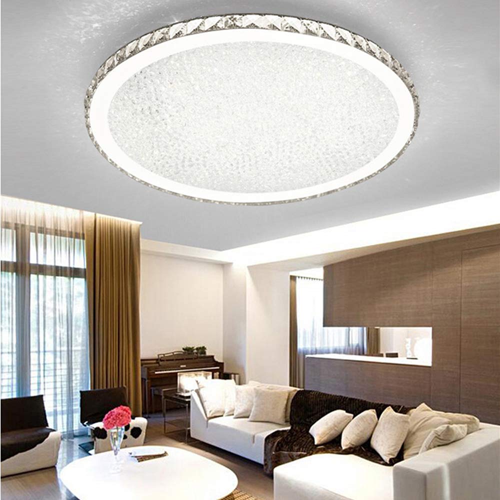 Luxury Modern Crystal Round LED Flush Mount Ceiling Light Fixture - 23.5 Inch White Close to Ceiling Chandelier for Living Room, Bedroom, Dining Room & Restaurant - Perfect for Ambient Lighting and Home Decor