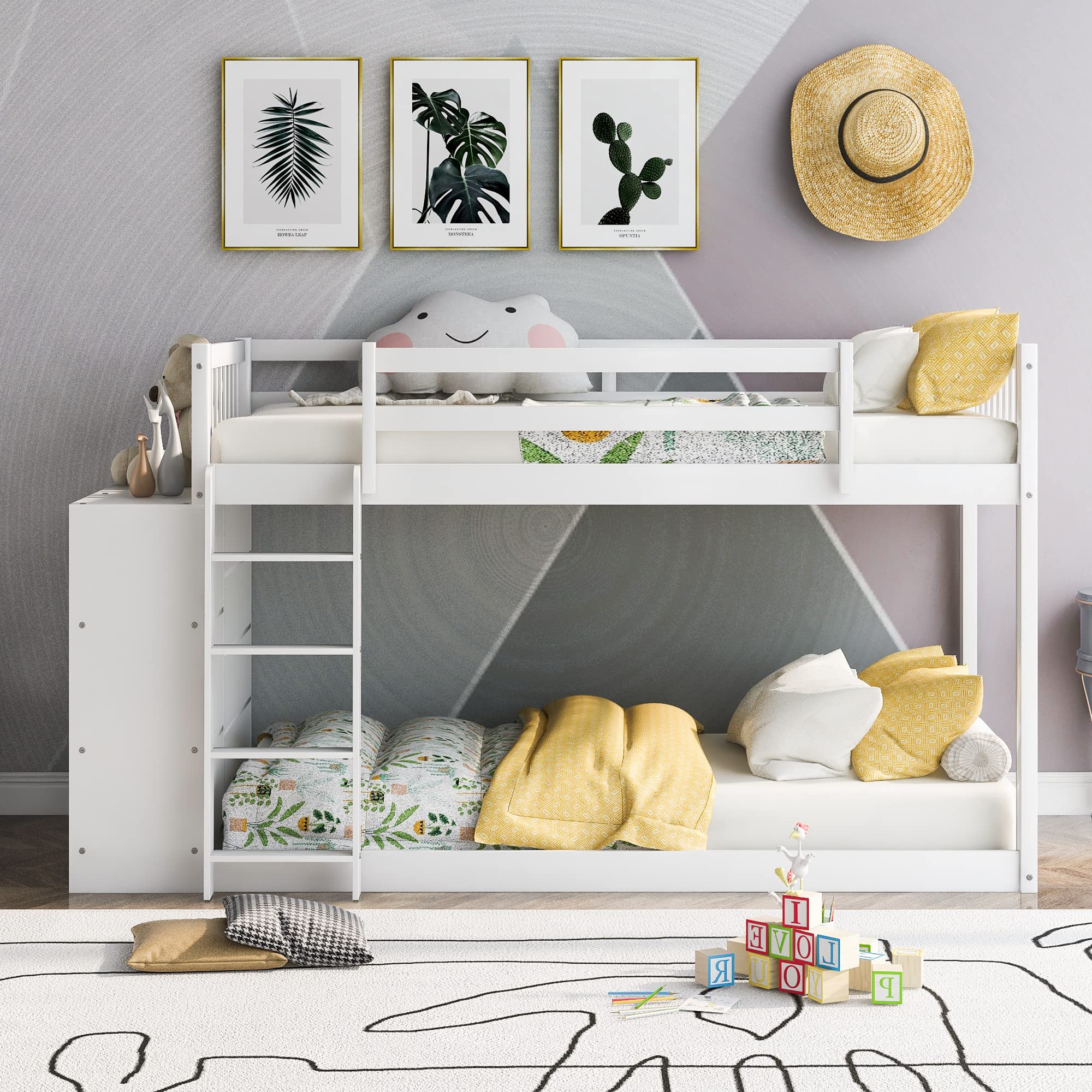 Twin Over Twin Solid Wood Bunk Bed with Storage Cabinet & Shelves - Low Loft Bed Frame with Ladder & Guardrails for Kids, Teens & Adults - Multi-Functional Space Saving Design (White) - Perfect for Small Bedrooms, Dorm Rooms & Guest Rooms