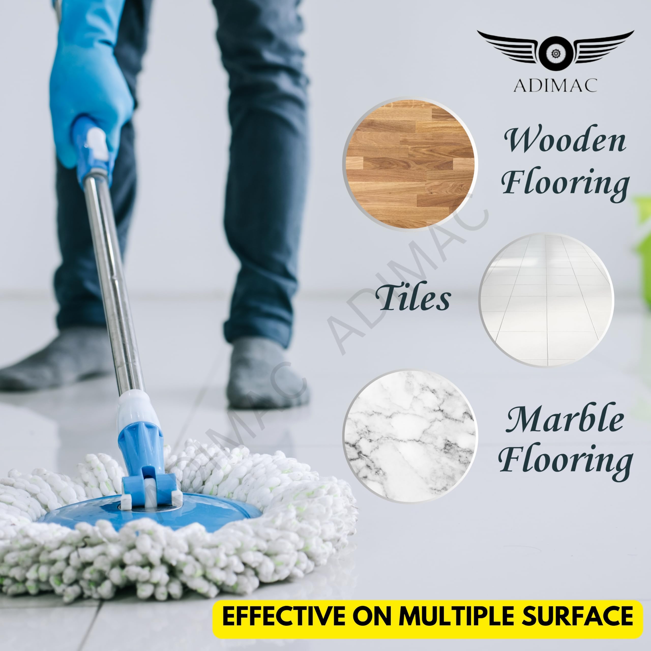 ADIMAC Heavy Duty 360 Degree Rotating Mop Stick - Stainless Steel & Plastic Mop Rod with 3 Refill Pads for Floor Cleaning | Perfect for Home, Office, Kitchen, Bathroom & Hard Surface Floors