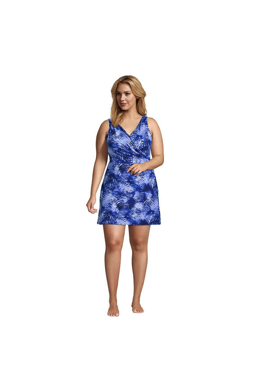 Lands' End Women's Long Chlorine Resistant Tummy Control Surplice Wrap Swim Dress One Piece Swimsuit - Perfect for Beach Vacations, Pool Parties & Water Aerobics
