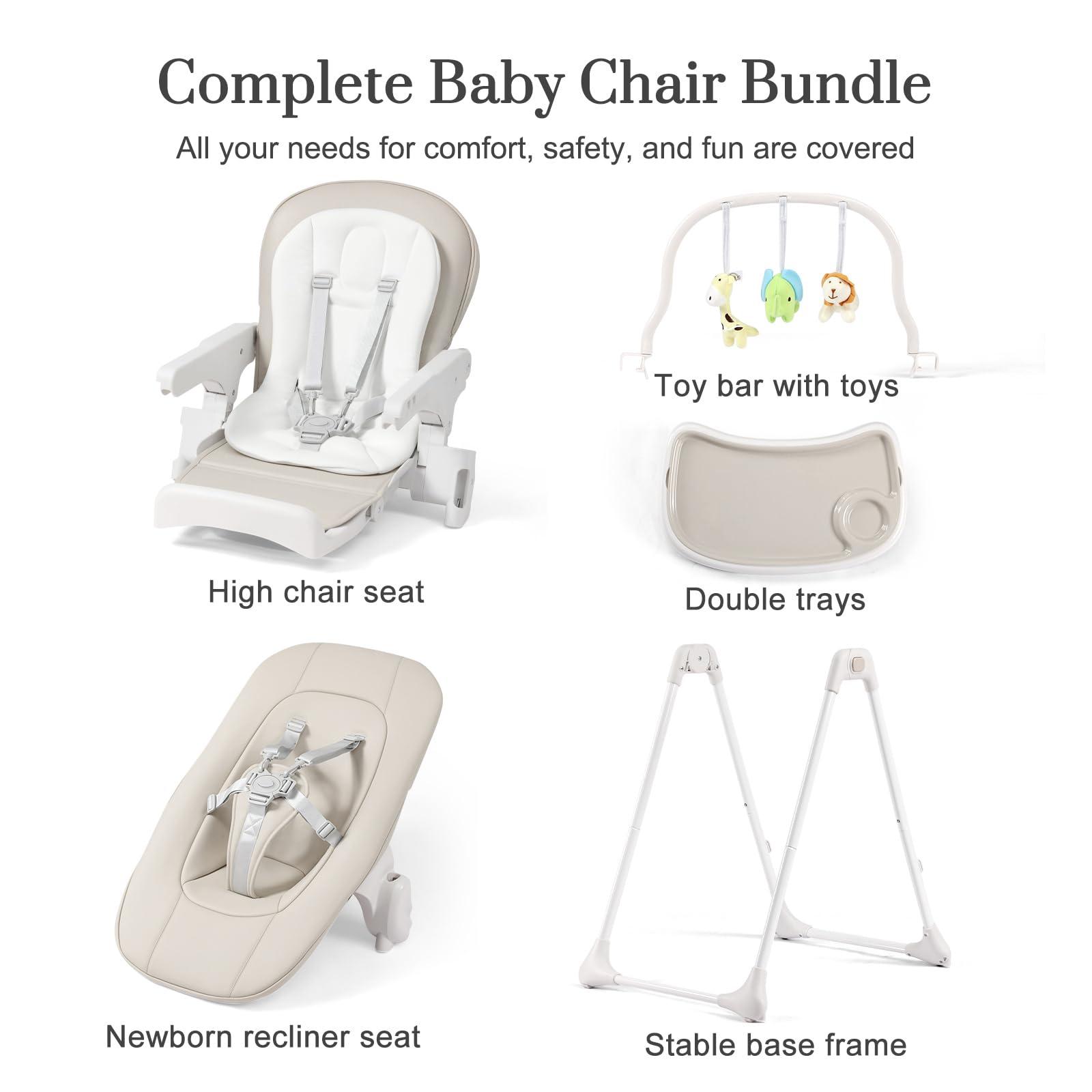 3-in-1 Convertible Baby High Chair with 6 Height & 3 Recline Adjustments - Foldable Toddler Feeding Chair with Removable Tray, 3 Detachable Toys & Built-in Wheels - Perfect for Dining, Weaning & Playtime (Taupe)