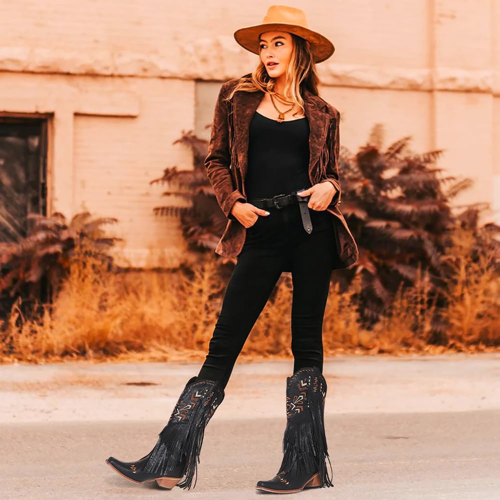 **Kalstage Women's Brown Cowboy Boots - Knee High Western Cowgirl Boots with Embroidery, Tassel & Fringe - Chunky Mid Heel Pointed Toe Pull-On Boots for Party, Dress & Country Style**    **Perfect for:** Western-themed parties, country dancing, rodeo events, casual outings, and fashion styling.