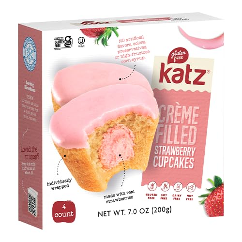 Katz Gluten Free Strawberry Creme Filled Cupcakes - Dairy Free, Nut Free, Soy Free, Kosher Certified (4 Pack, 7 oz) | Perfect for Allergies, School Lunches & Birthday Parties