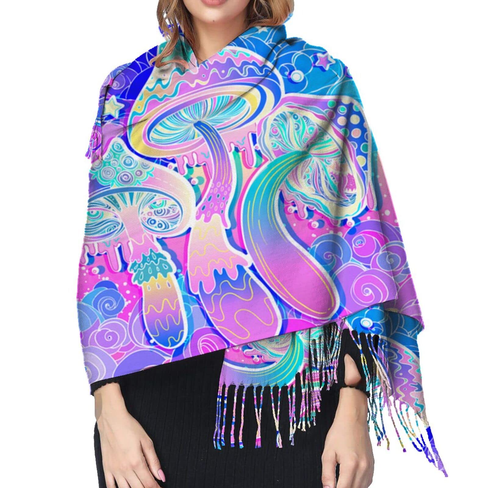 KELE Shawl Scarf - Lightweight & Warm Pashmina Wrap - Psychedelic Mushroom Print Unisex Fashion Accessory - Perfect Winter Gift for Men & Women (Black, One Size) - Great for Cold Weather, Outdoor Activities & 50th Birthday Presents