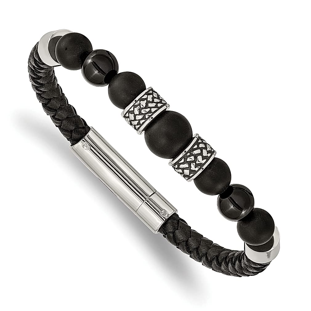 ICE CARATS Men's Stainless Steel Black Agate Beads Bracelet - 8.25 Inch Leather Cord with Natural Stone & Wood Accents - Stylish Rubber Band Jewelry for Dad - Perfect Gift for Him - Ideal for Casual Wear, Office & Special Occasions