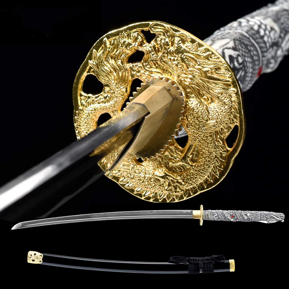 Handmade Japanese Katana Samurai Sword - 1060 Carbon Steel, Tempered/Clay Tempered Blade, Full Tang, Dragon Head Handle for Martial Arts Training, Cosplay & Collection (YONG XIN SWORD)