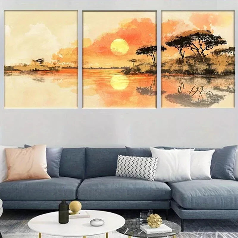 3-Piece Serene Nature African Sunset Landscape Wall Art Set - Framed Canvas 40x60cm (16x24in) - High Quality Print - 100% Australian Made - Ready to Hang - Perfect for Living Room, Bedroom & Office Decor