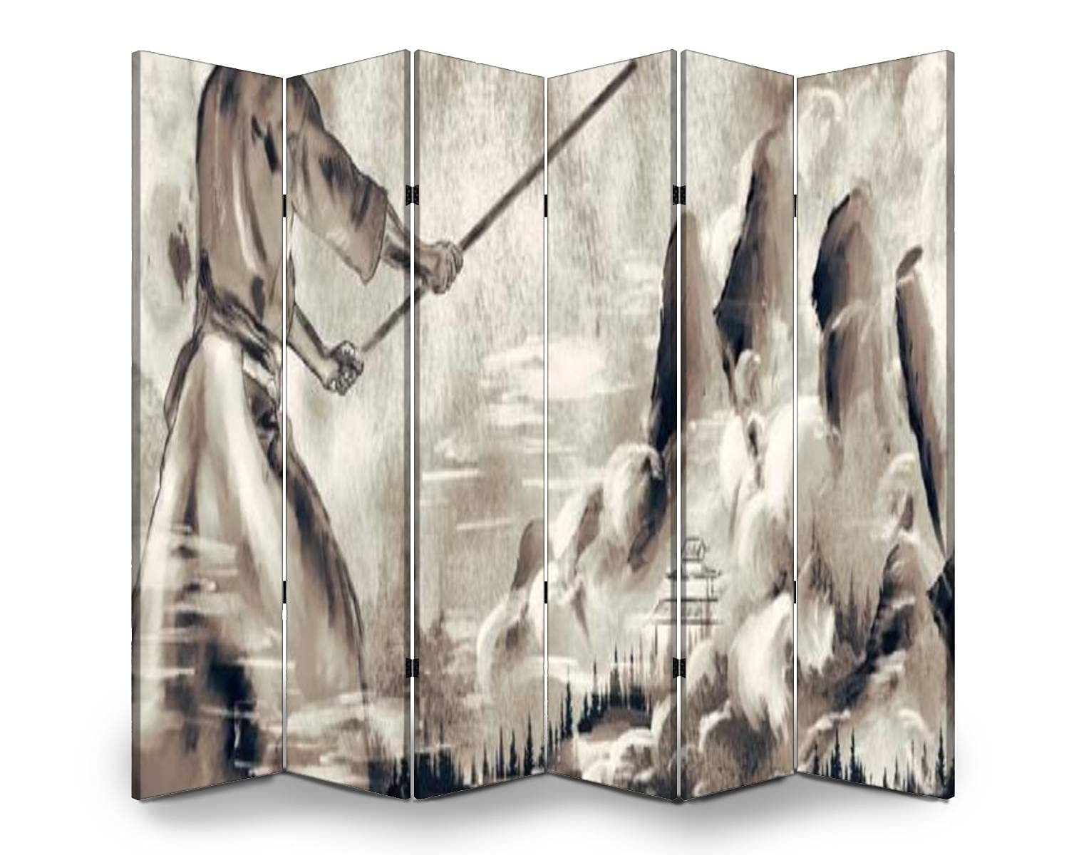 6-Panel Hand-Painted Watercolor Samurai & Mountain Folding Room Divider - Rice Paper Canvas Privacy Screen for Home, Office & Meditation Spaces | Freestanding Indoor Partition Wall