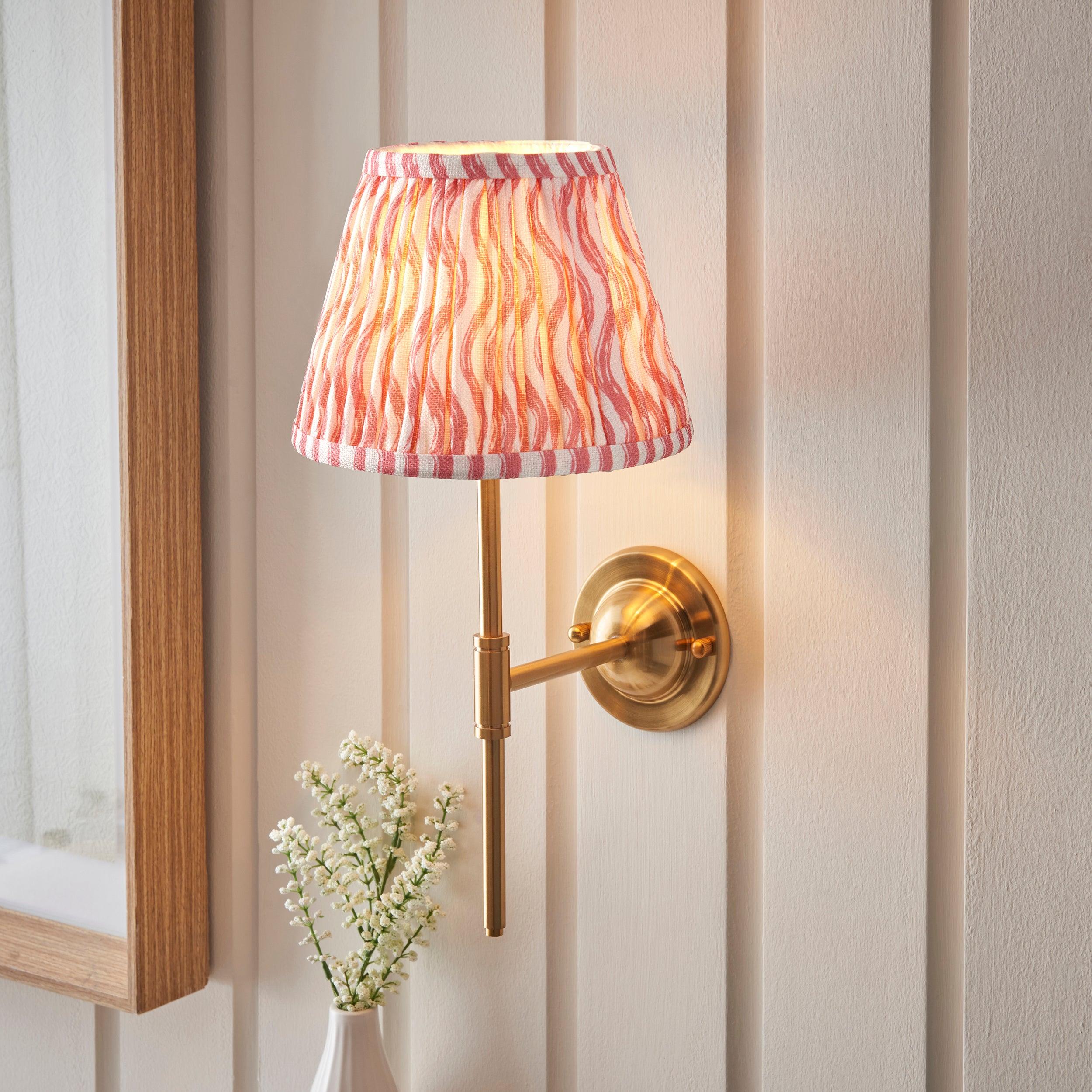 Brass Dome T Bar Wall Light with 20cm Coral Pink Ripple Shade - Perfect for Bedroom, Living Room, and Hallway Lighting