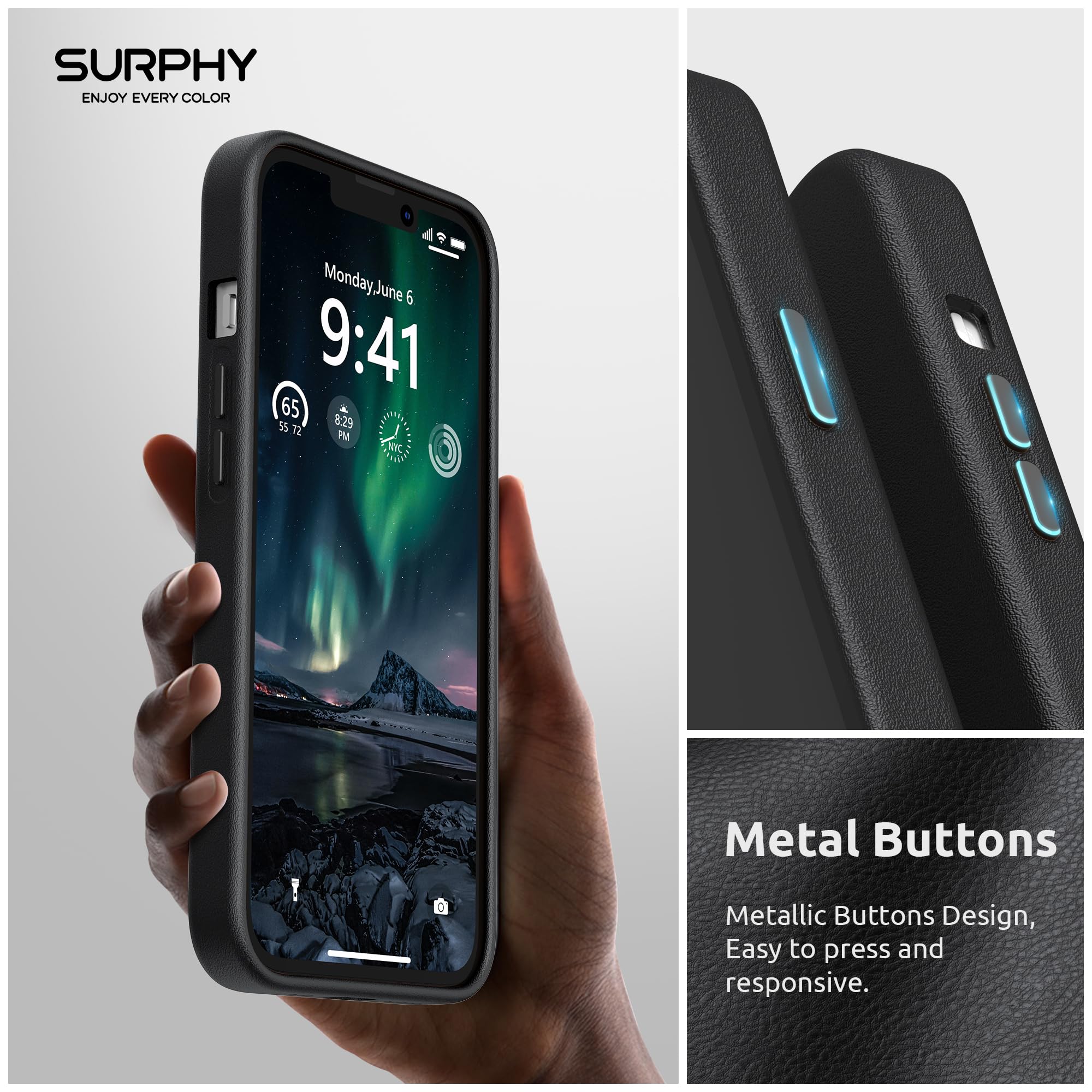 Premium Faux Leather iPhone 13 Pro Case (6.1 inch 2021) - SURPHY Slim Protective Cover with Metallic Buttons & Microfiber Lining | Perfect for Work, Travel & Everyday Use - Black