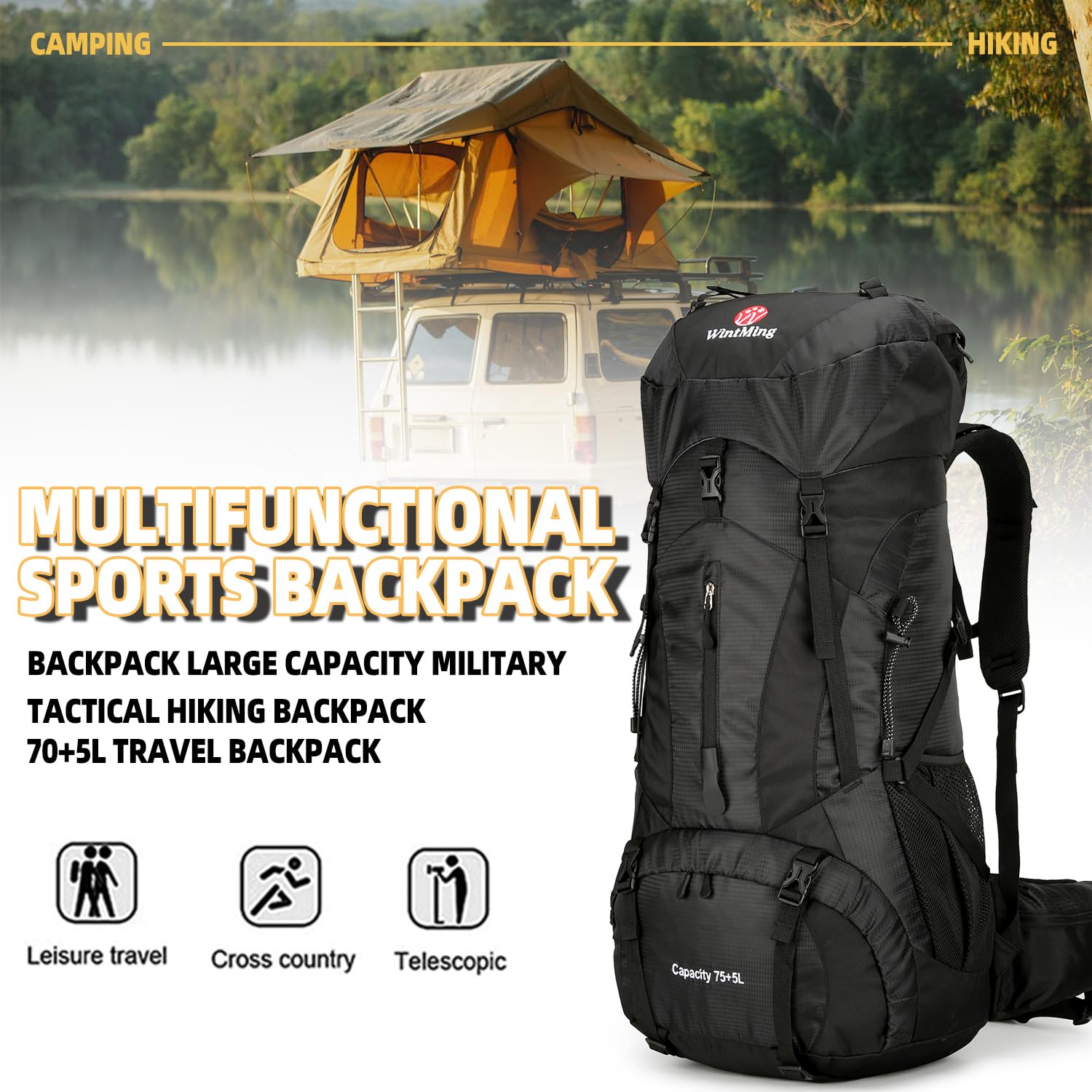 75L Waterproof Hiking Backpack for Men & Women - Lightweight Daypack for Outdoor Camping, Trekking & Travel with Rain Cover (Black) - Perfect for Backpacking, Mountain Climbing & Adventure Trips