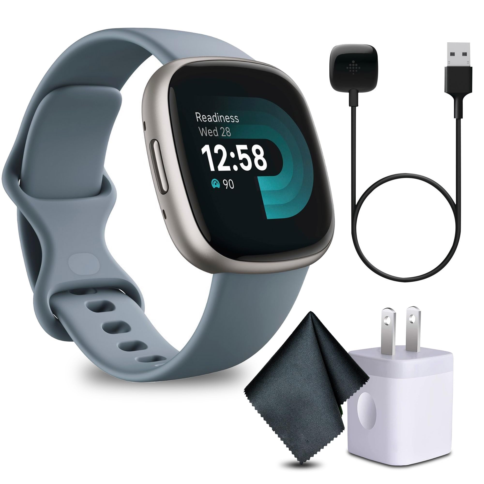 Fitbit Versa 4 Smartwatch with GPS, Heart Rate Monitor & 40+ Exercise Modes - Waterfall Blue/Platinum Bundle (Includes Cleaning Cloth & Charger) | Fitness Tracker for Running, Swimming, Cycling & Sleep Tracking | Ideal for Men & Women Active Lifestyles & Workouts