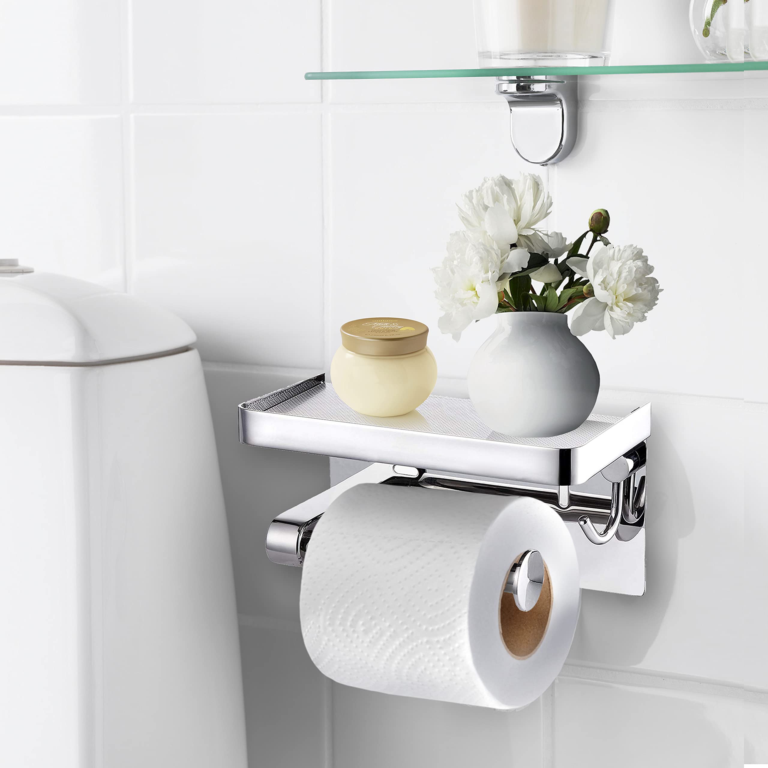 Stainless Steel Toilet Paper Holder with Phone Shelf - 304 Silver Wall Mounted Bathroom Organizer for Toilet Rolls & Wipes - Perfect for Modern Bathrooms, Small Spaces & Convenient Phone Storage