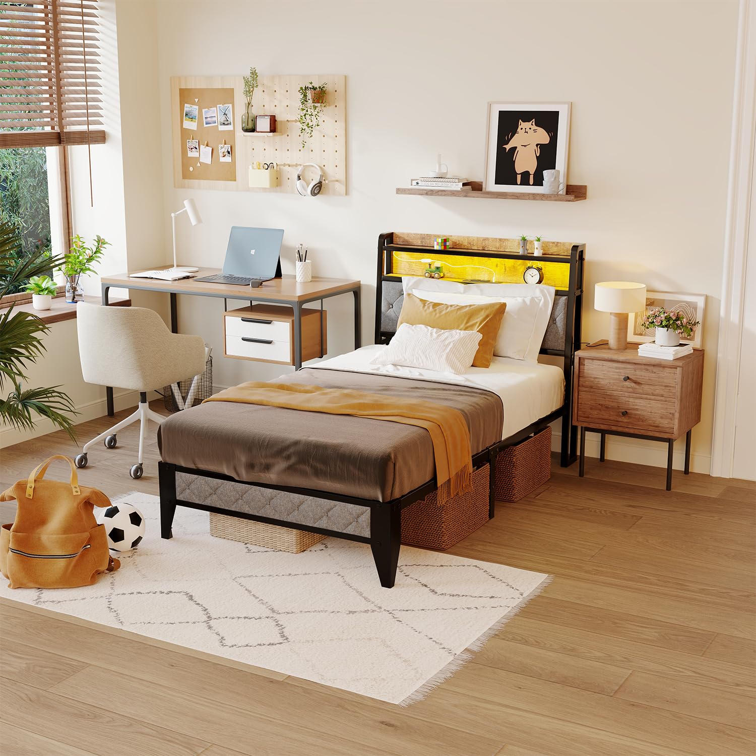 Winkalon Twin Size LED Bed Frame with Upholstered Headboard & Charging Station - Modern Metal Platform Bed with Underbed Storage, No Box Spring Needed - Perfect for Small Bedrooms, Guest Rooms & Dormitories