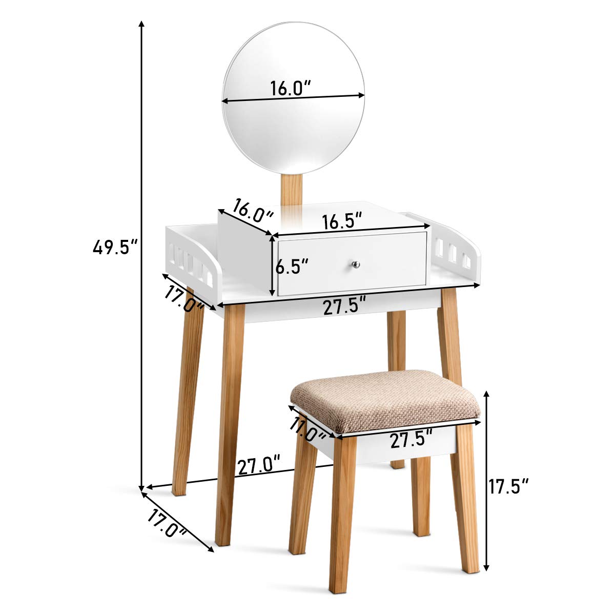 GOFLAME Vanity Dressing Table Set with Cushioned Stool & Adjustable Mirror - Modern Makeup Desk with Large Drawer for Bedroom, Home Office - Perfect for Makeup Application & Home Decor (White)