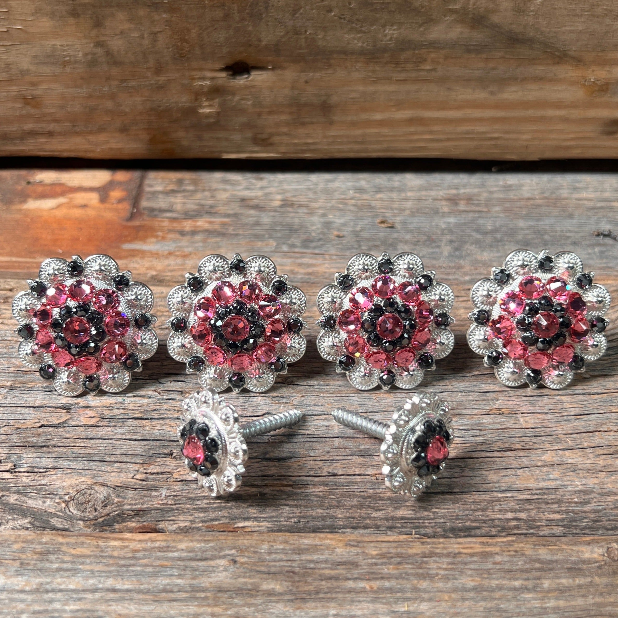 Bright Silver Pink & Jet Saddle Conchos for Western Boots & Leather Crafts - Premium Western Style Decorations for Cowboy Boots, Belts, and Handmade Leather Accessories