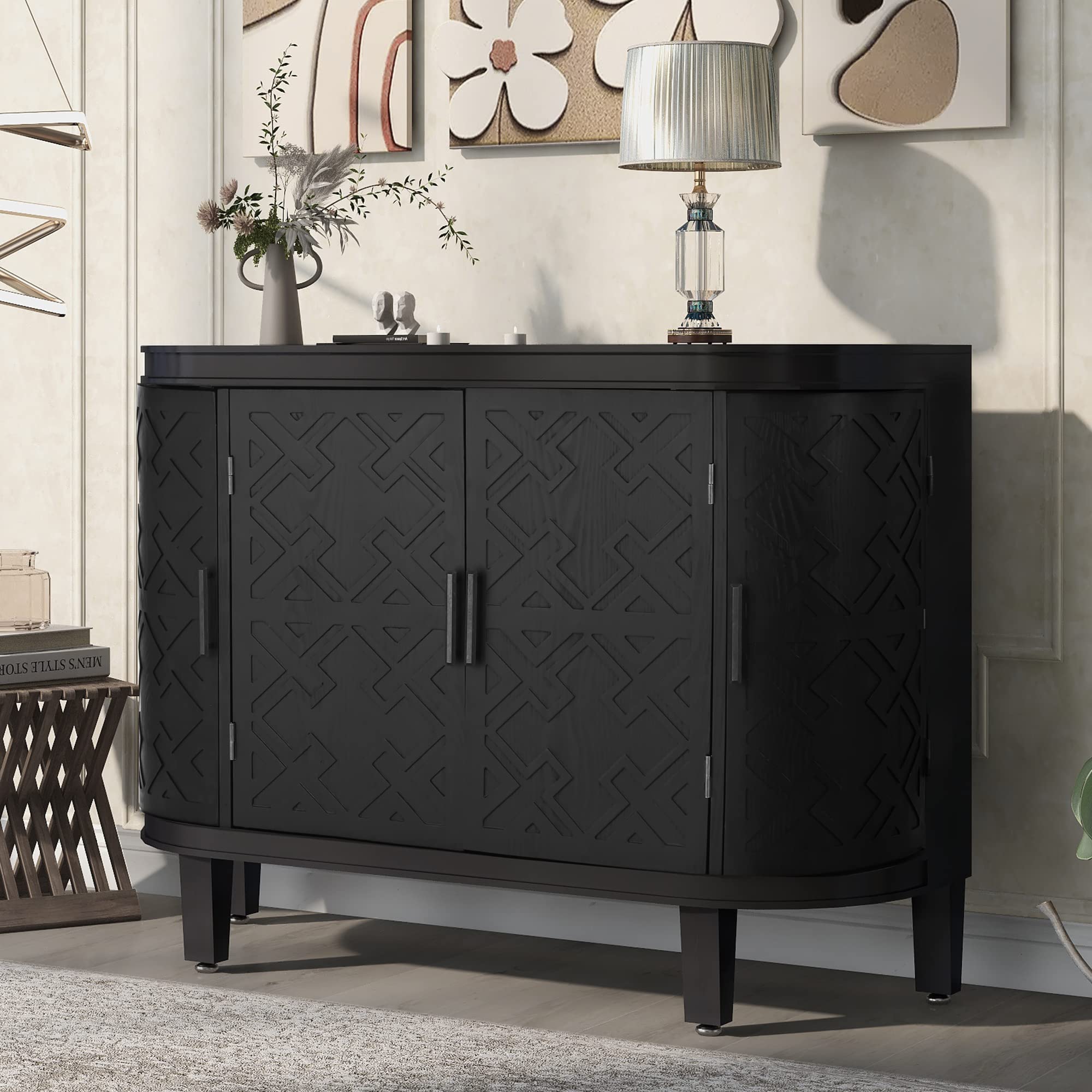 Antique Pattern Wooden Storage Cabinet Sideboard - Vintage Multipurpose Accent Console Table for Entryway, Kitchen & Dining Room - Sofa Table with Modern Design (Black-G) - Perfect for Home Organization & Stylish Decor