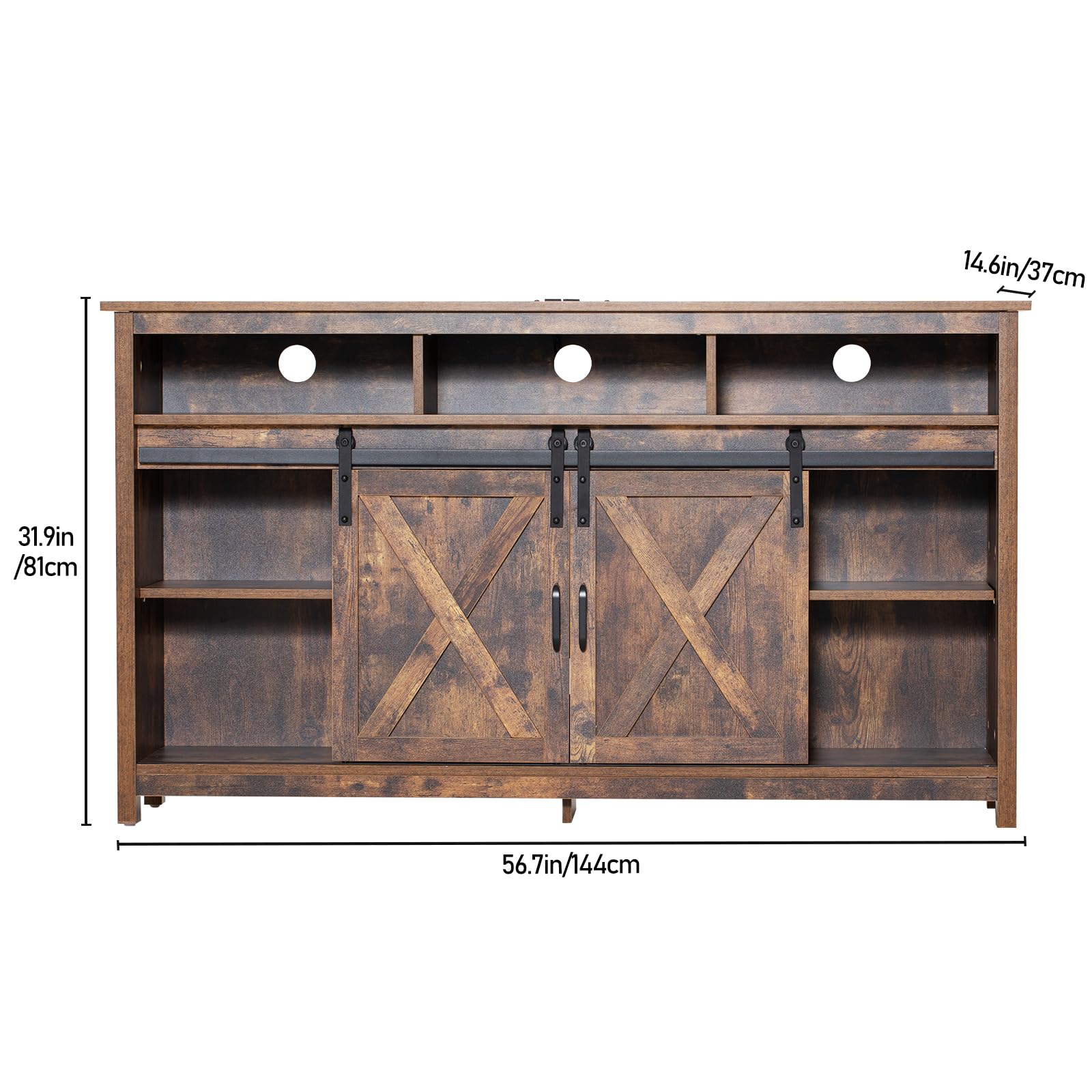 Rustic Farmhouse Coffee Bar Cabinet with Power Outlet - Wood Buffet Storage Sideboard with Shelves for Dining Room & Living Room - Perfect for Entertaining Guests & Organizing Kitchenware (Brown)