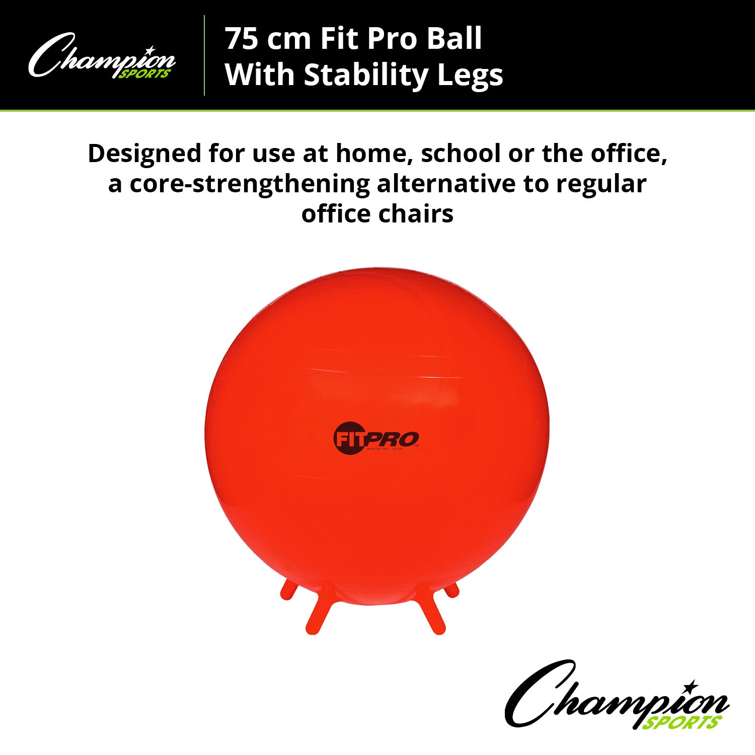 Champion Sports 75cm FitPro Exercise Stability Ball with Legs for Home Gym, Yoga, Pilates & Core Workouts - Power Red