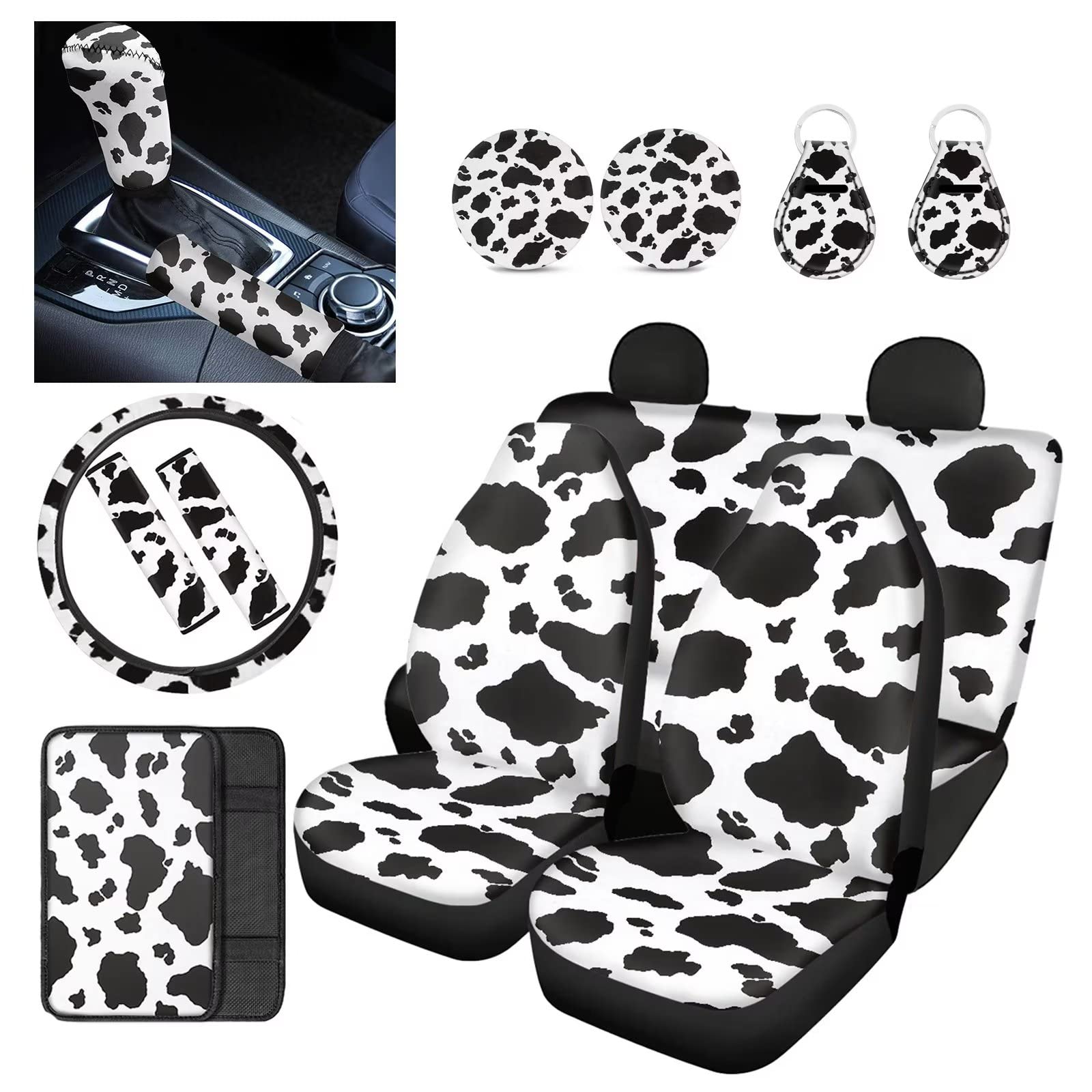 Premium Cow Print Car Seat Covers Set - Front & Rear Seat Protectors with Steering Wheel Cover, Armrest Cover, Seatbelt Pads, Handbrake Gearshift Cover, Keychain & Coasters for Cars, Trucks & Vans - Perfect for Road Trips, Daily Commute & Vehicle Protection