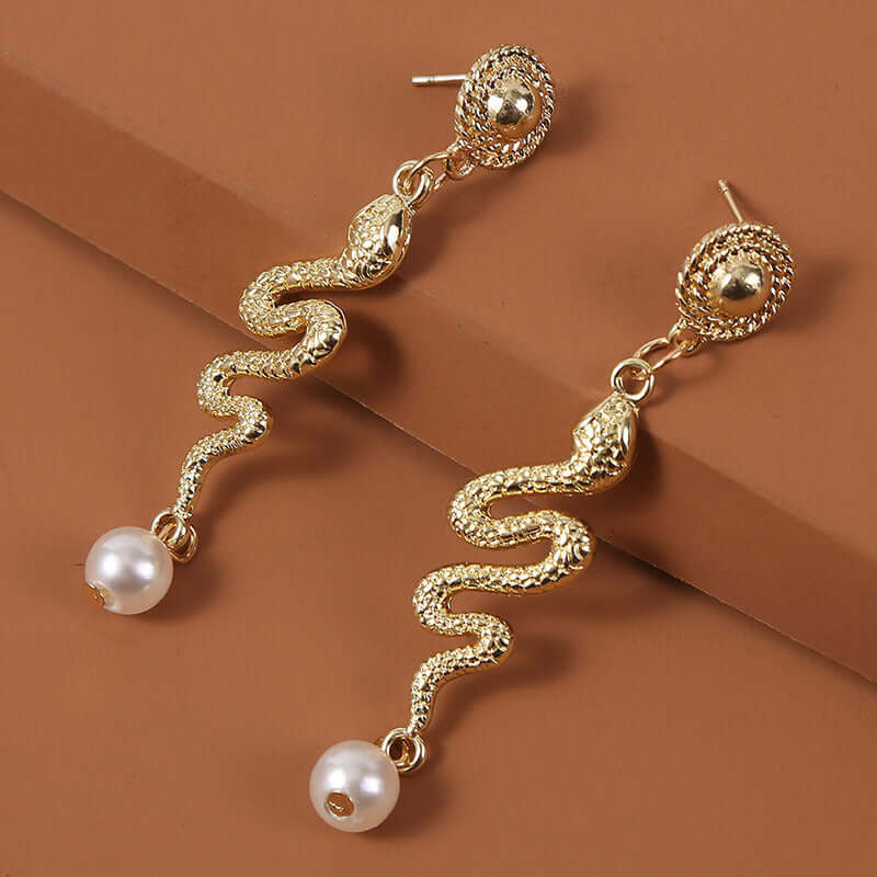 Elegant Gold Snake Pearl Drop Earrings for Women - Vintage Dangle Jewelry Gift E006 | Perfect for Parties, Weddings & Evening Events