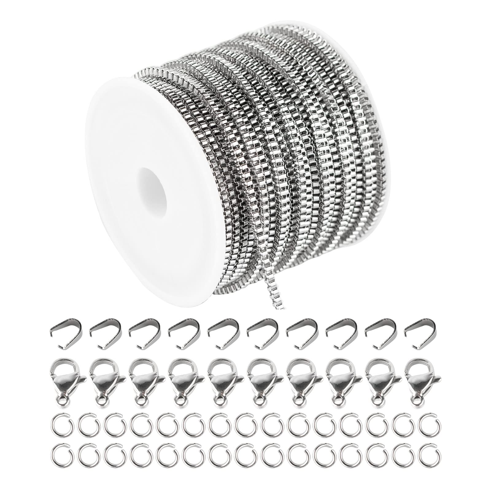 32.8 Feet Silver Stainless Steel Jewelry Chain Bulk - Lobster Clasp & Jump Rings Included for Necklace Making, DIY Crafts, Men & Women's Jewelry - Perfect for Gift Wrapping, Home Decor, and Fashion Accessories