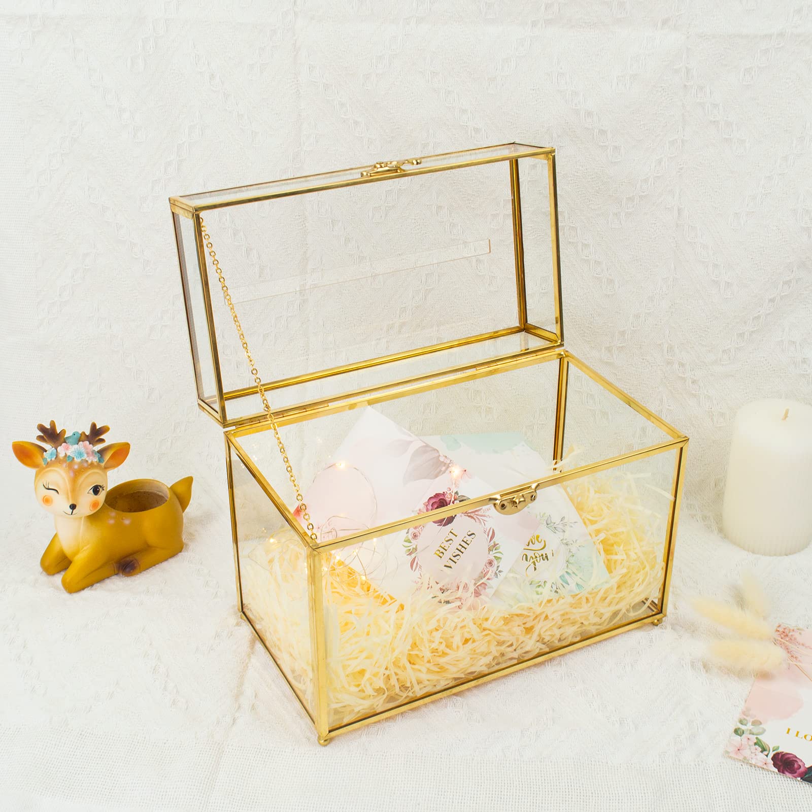 Elegant Gold Glass Card Holder - Rectangle Wedding Envelope Box with Slot & Foot, Perfect for Reception, Party Centerpiece, Gift Card Display & Home Decor