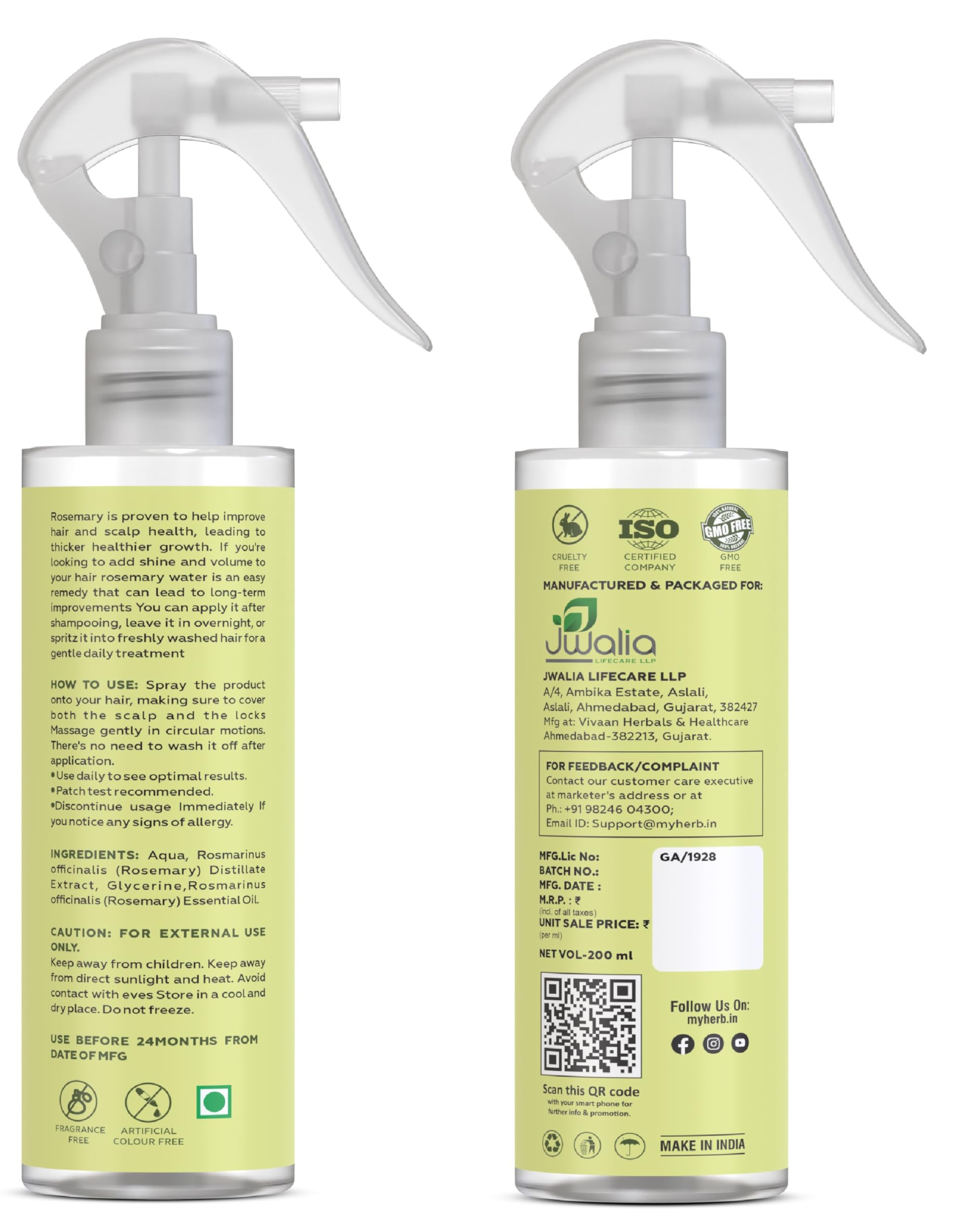 MYHERB Rosemary Water Hair Spray (200ml) - 100% Pure Natural Hair Mist for Regrowth, Reduces Hair Fall & Strengthens Hair | Suitable for All Hair Types | Daily Hair Care & Styling Essential