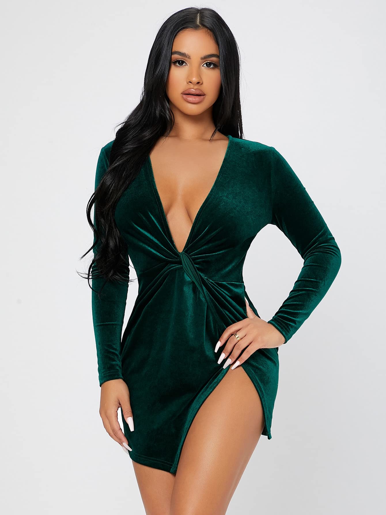 IFAJOOR Women's Summer Wrap Dress - Twist Front Velvet Casual Dress in Dark Green, Size Small | Perfect for Beach Outings, Date Nights & Summer Parties
