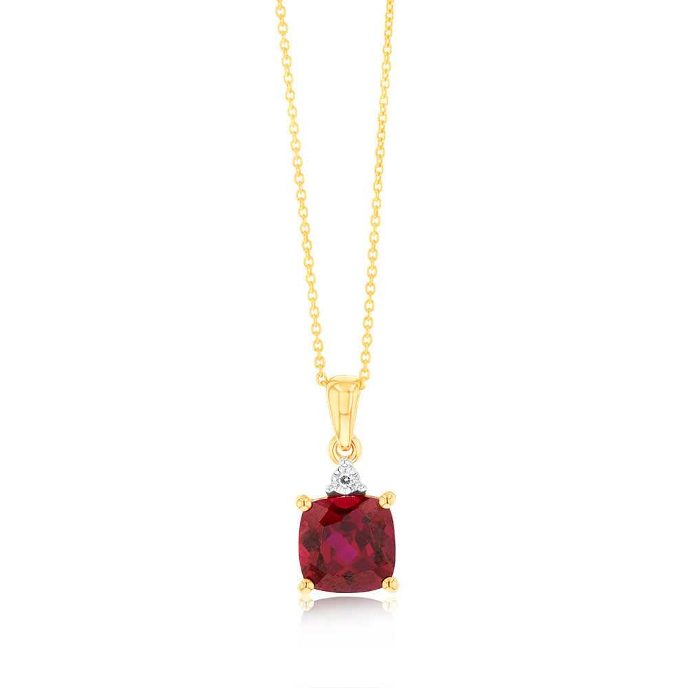 9ct Yellow Gold 2ct Created Ruby and Diamond Pendant Necklace with 45cm Chain - Elegant Jewelry Gift for Women, Perfect for Weddings, Anniversaries & Special Occasions
