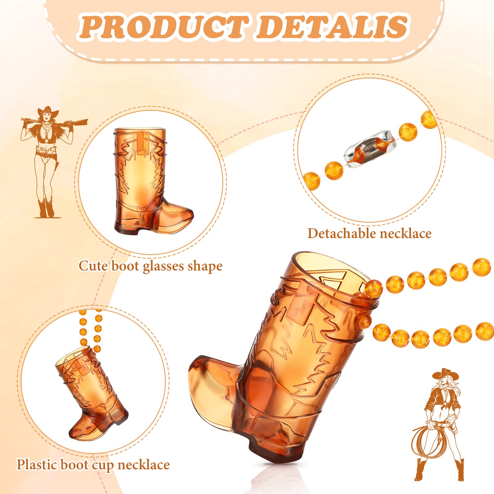 48 Pcs Plastic Cowgirl Shot Glass Necklace - Beaded Boot Shooter Cups for Bachelorette Parties, Weddings & Carnival Events - Fun Bridal Shower, Birthday & Western Theme Party Supplies (Transparent Brown) - Perfect for Country Bars, Themed Celebrations & Group Drinking Games
