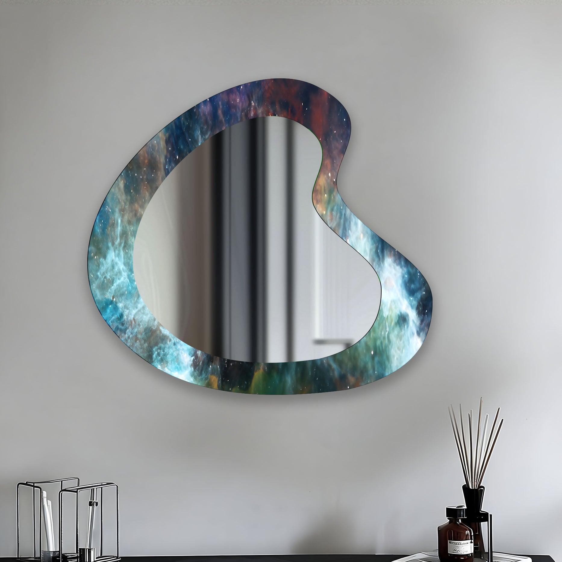 Blue Accent Abstract Irregular Wall Mirror - Modern Decorative Mirror for Living Room, Bedroom & Entryway - Unique Home Decor & Stylish Wall Art