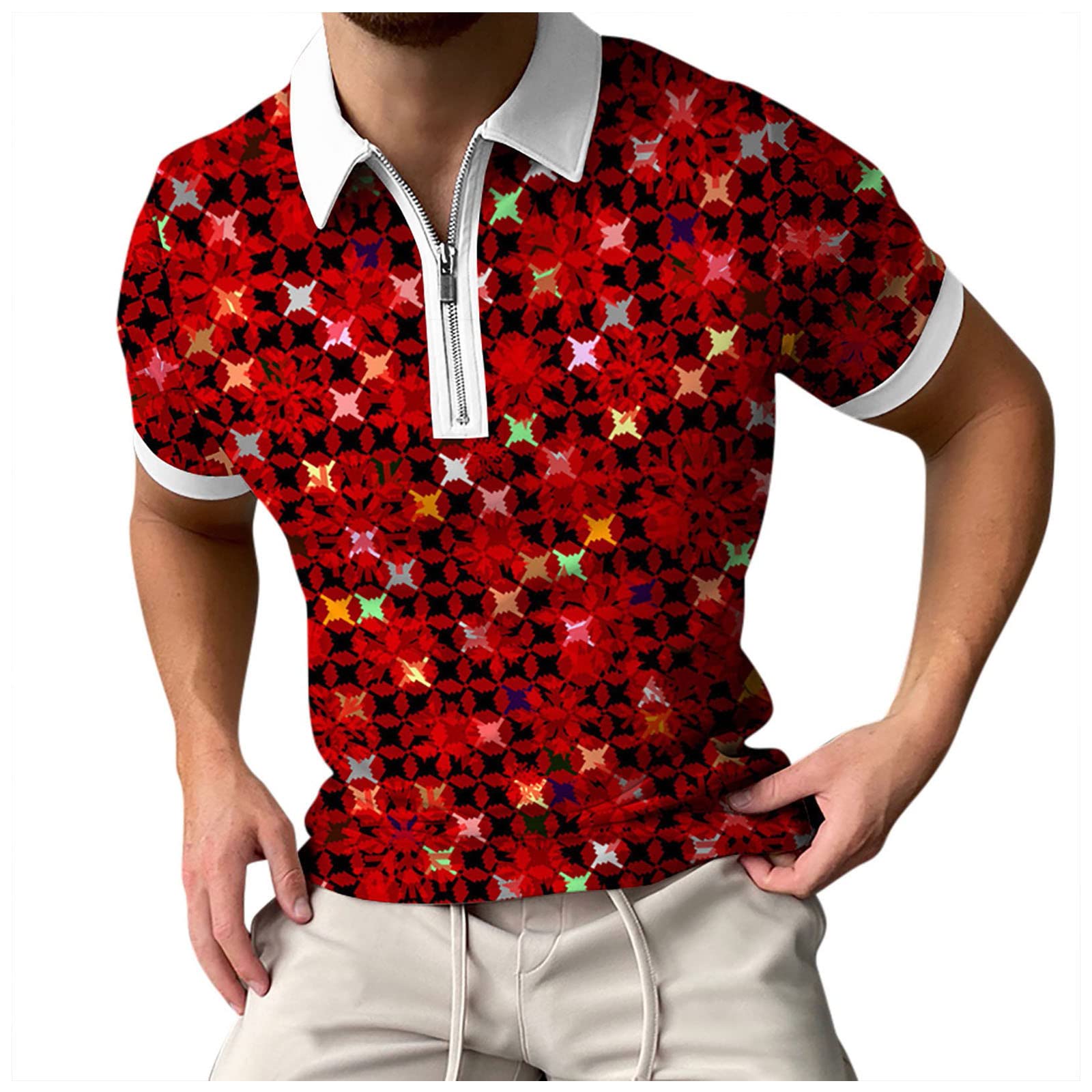 Men's Houndstooth Print Short Sleeve Lapel Dress Shirt - Wine Red Casual Button Up T-Shirt for Spring & Summer | Office Wear, Date Night, Business Casual Outfits