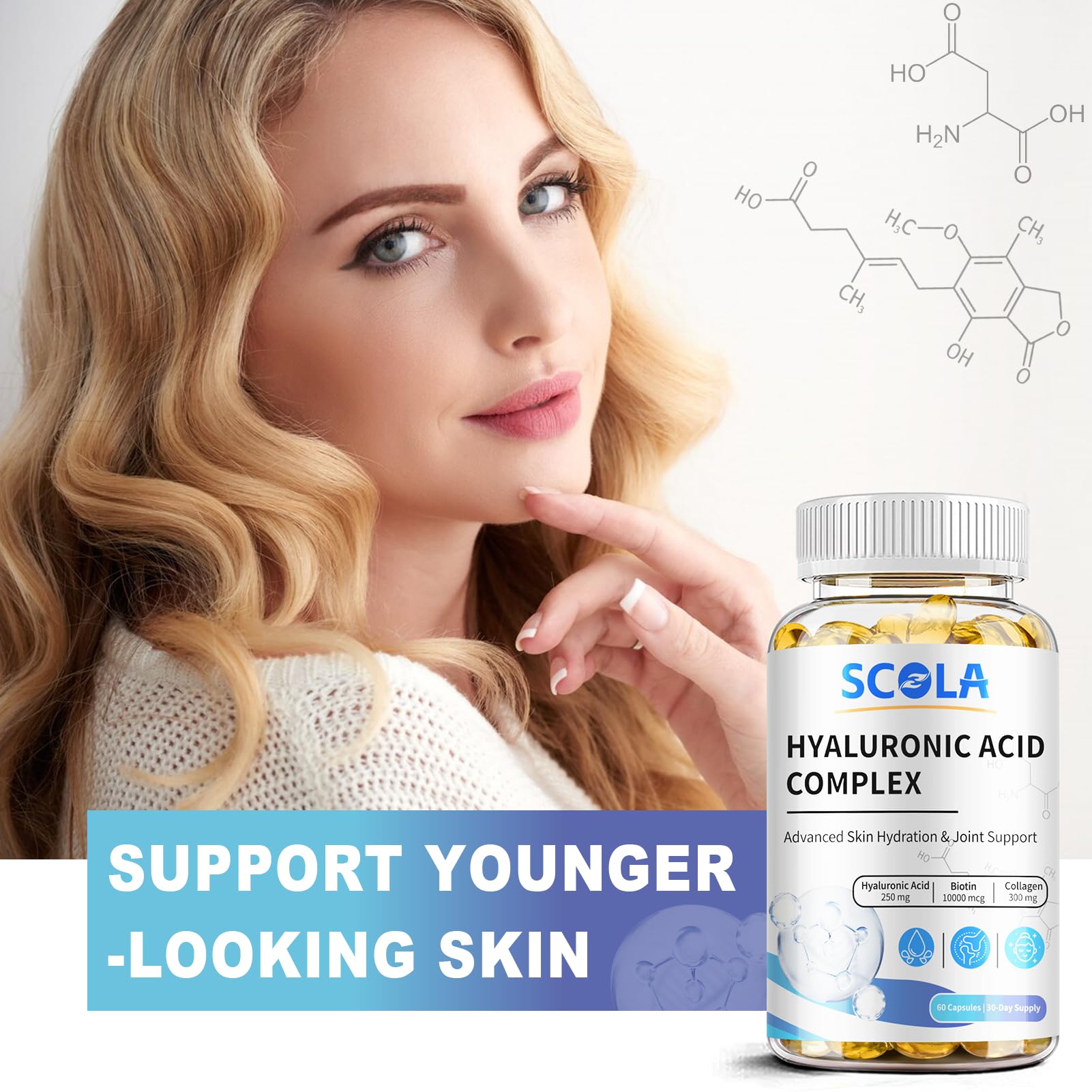 Premium Hyaluronic Acid Supplements 250mg with Vitamin C, Collagen & 10000mcg Biotin - Advanced Skin Hydration, Joint Support & Anti-Aging Formula - 60 Vegan Capsules for Glowing Skin & Healthy Joints - Perfect for Daily Beauty Routine & Active Lifestyle