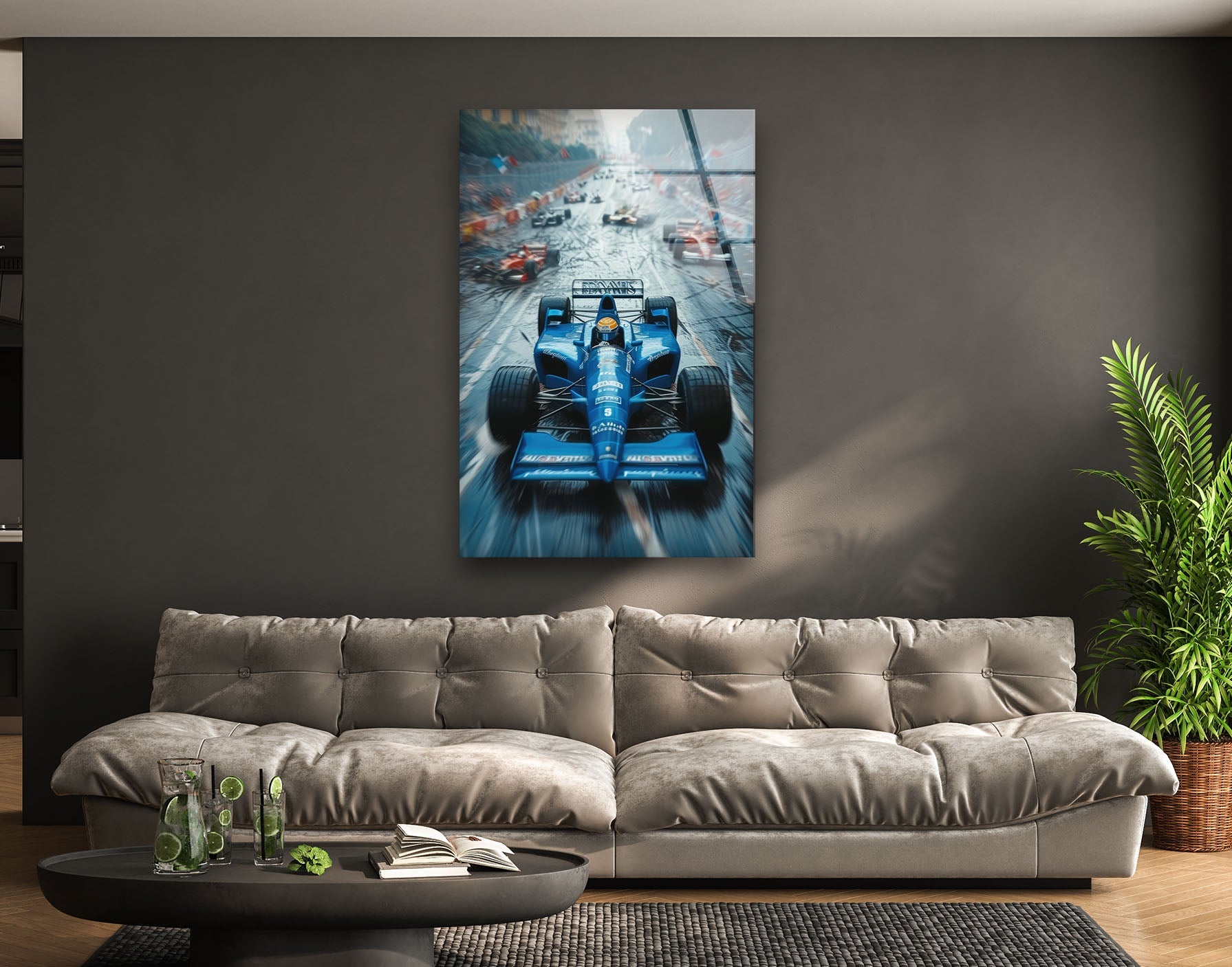 Blue Formula 1 Racing Car Glass Wall Art - Premium Decorative Home & Office Decor for Motorsport Fans