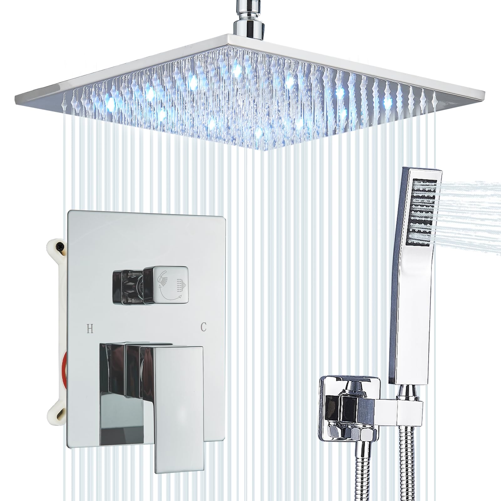 12 Inch LED Rainfall Shower Head System with Handheld Spray - Ceiling Mount Chrome Shower Faucet Set Including Rough-in Valve & Trim - Perfect for Modern Bathroom & Spa Experience