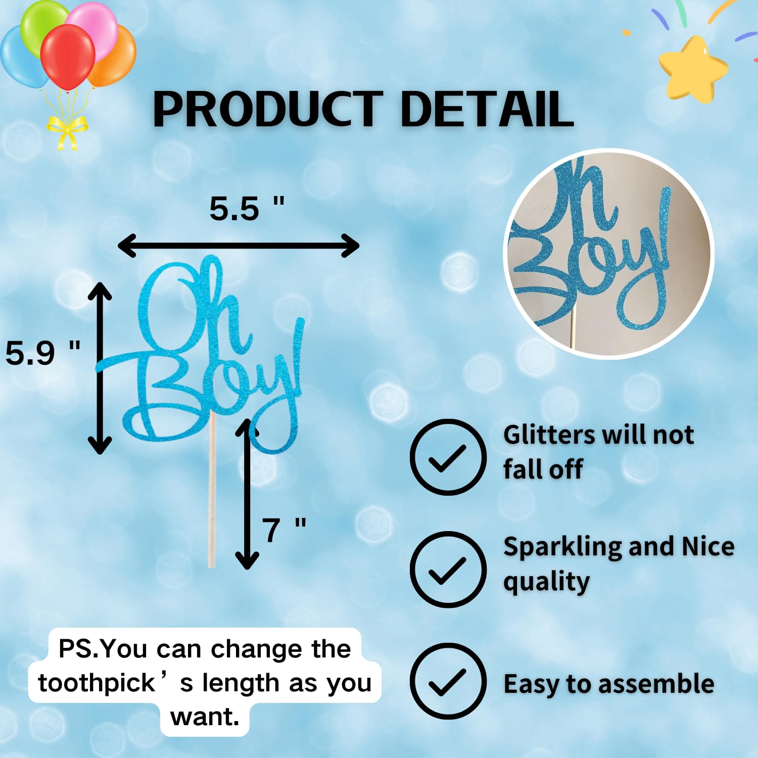 Glitter Blue 'Oh Boy' Cake Topper - Baby Shower Decoration for Boy Gender Reveal, Birthday Party & Nursery Theme | Perfect for It's A Boy Celebrations, Cupcake Decor & Gender Reveal Party Supplies