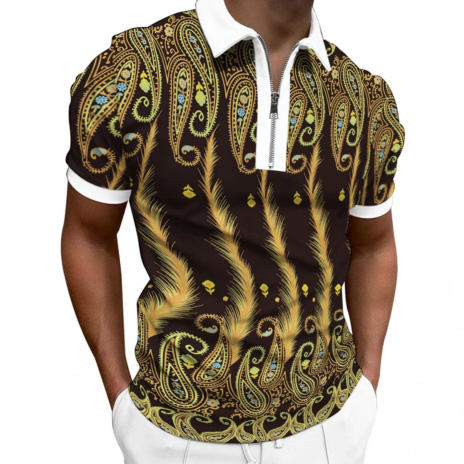 Sertiohcv Men's Short Sleeve Polo Shirts - Casual Floral Print Zip Up Lapel Golf Tee Shirts for Men | Breathable & Stylish Summer Wear for Golf, Office & Outdoor Activities
