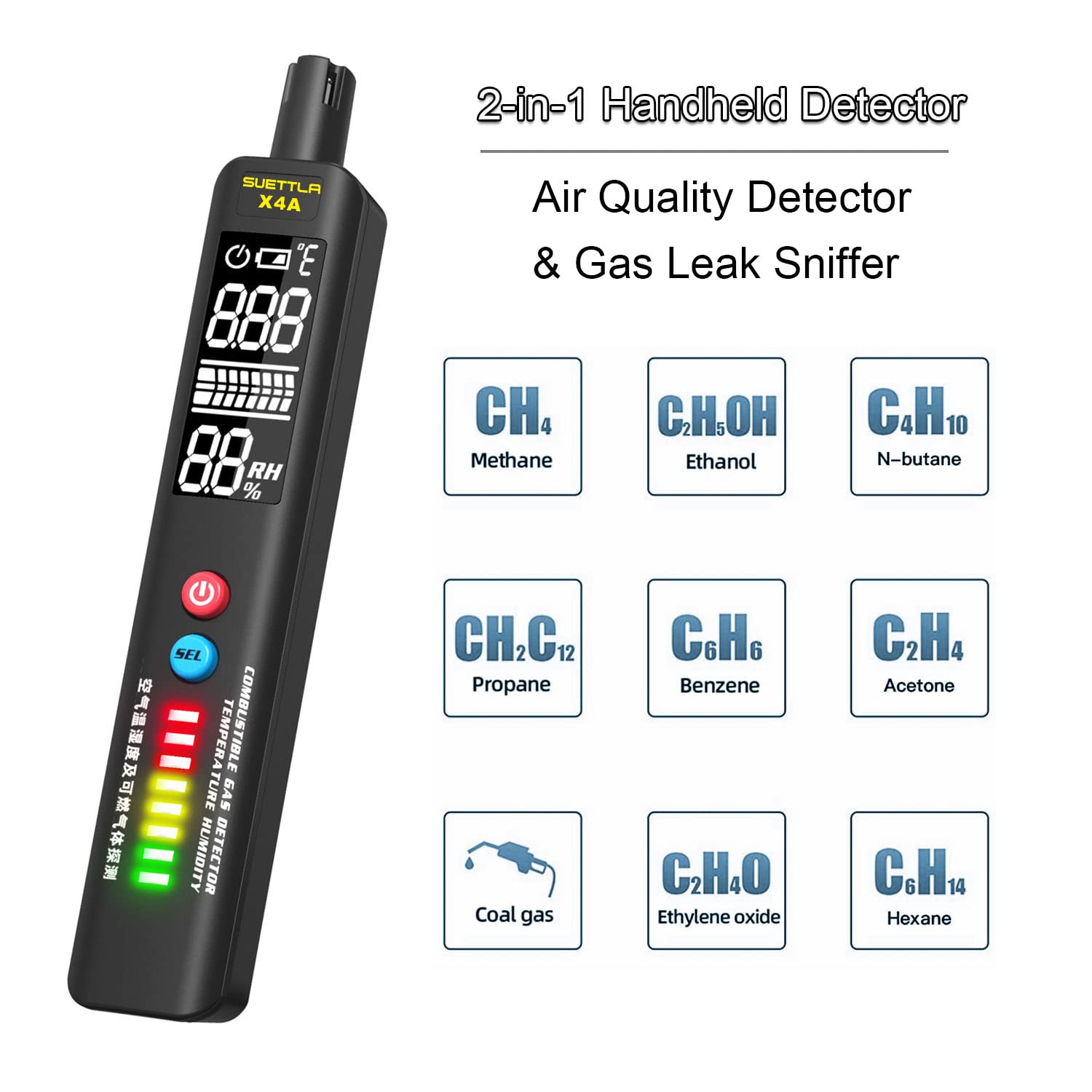 X4A Portable Natural Gas Leak Detector with Audible & Visual Alarm - 2-in-1 Handheld Gas Sniffer for Methane, Propane & Combustible Gas Detection - Built-in Temperature & Humidity Sensor - Ideal for Home Safety, HVAC Inspection & Industrial Use