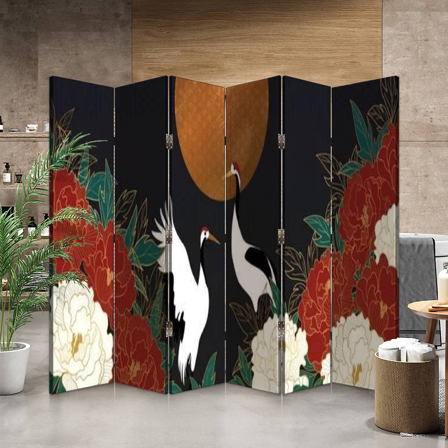 Luxury Gold Floral Oriental Style Room Divider Screen - 6 Panel Folding Privacy Partition with Canvas Background & Flower Wallpaper Design | Perfect for Living Room, Bedroom, Office & Event Space Dividers