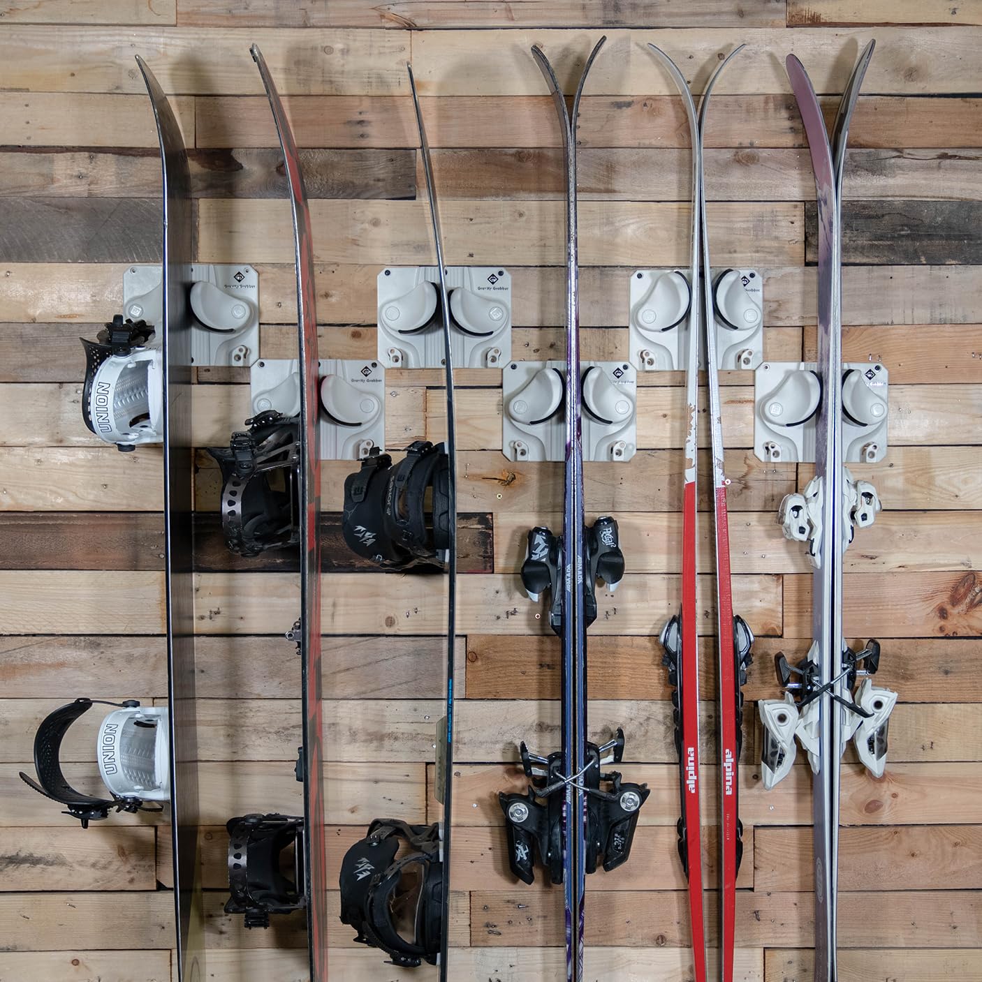 Ultimate Wall Mount Ski and Snowboard Storage Rack - Space Saving Damage-Free Hanger for All Ski Sizes | Perfect for Garage, Basement or Cabin Organization (White, 6-Pack)