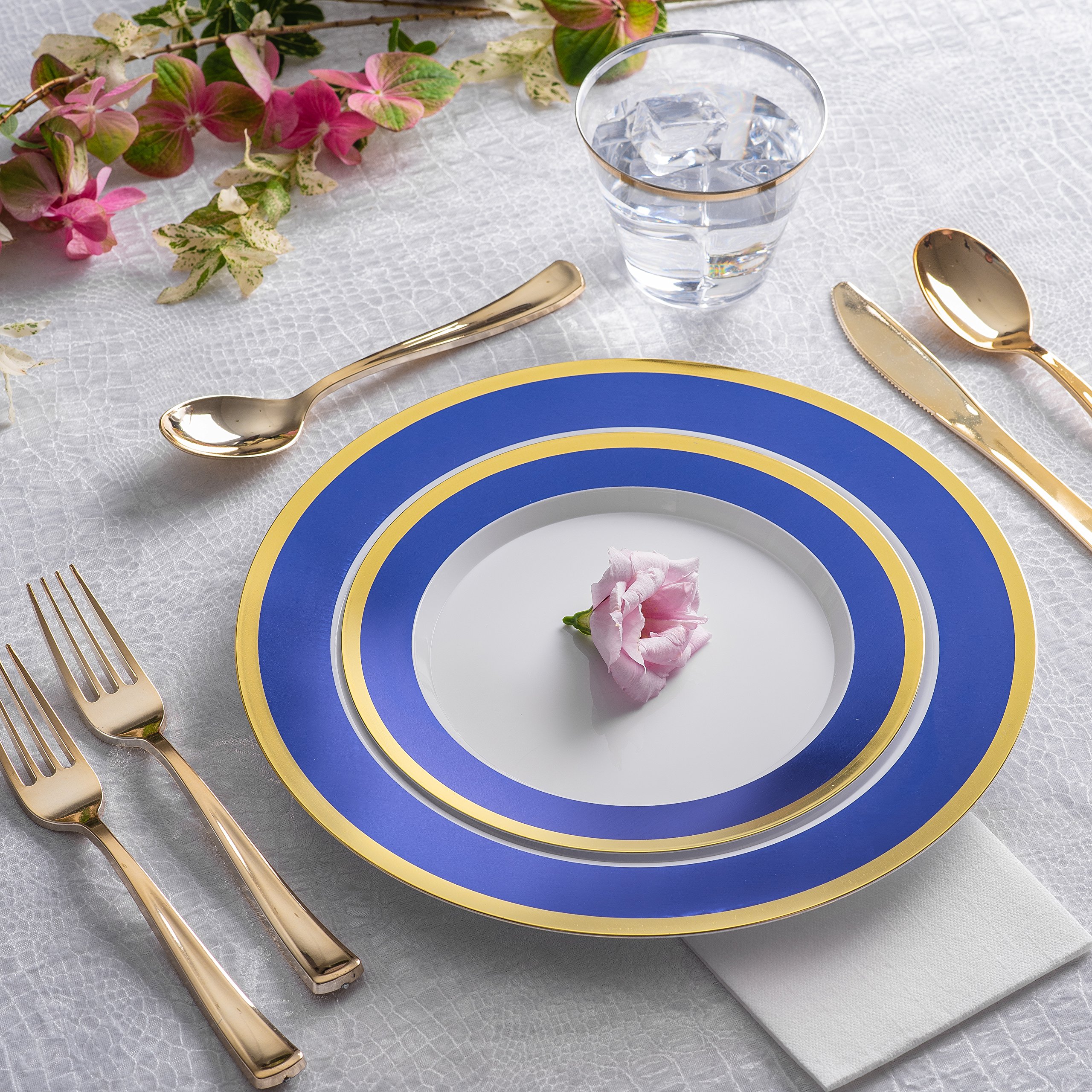 Stock Your Home 50-Piece Disposable Plastic Plates Set - Heavy Duty Dinnerware for Wedding, Birthday Party, Holiday & Baby Shower - Includes 25 Dinner Plates & 25 Dessert Plates (Blue & Gold) - Perfect for Indoor/Outdoor Events & Catering Services
