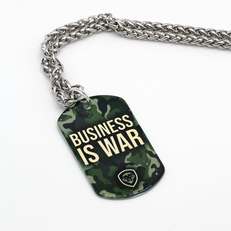 Business is War 25 Stainless Steel Dog Tag Necklace - Military Style Pendant for Men - Perfect for Gifts, Veterans, and Everyday Wear