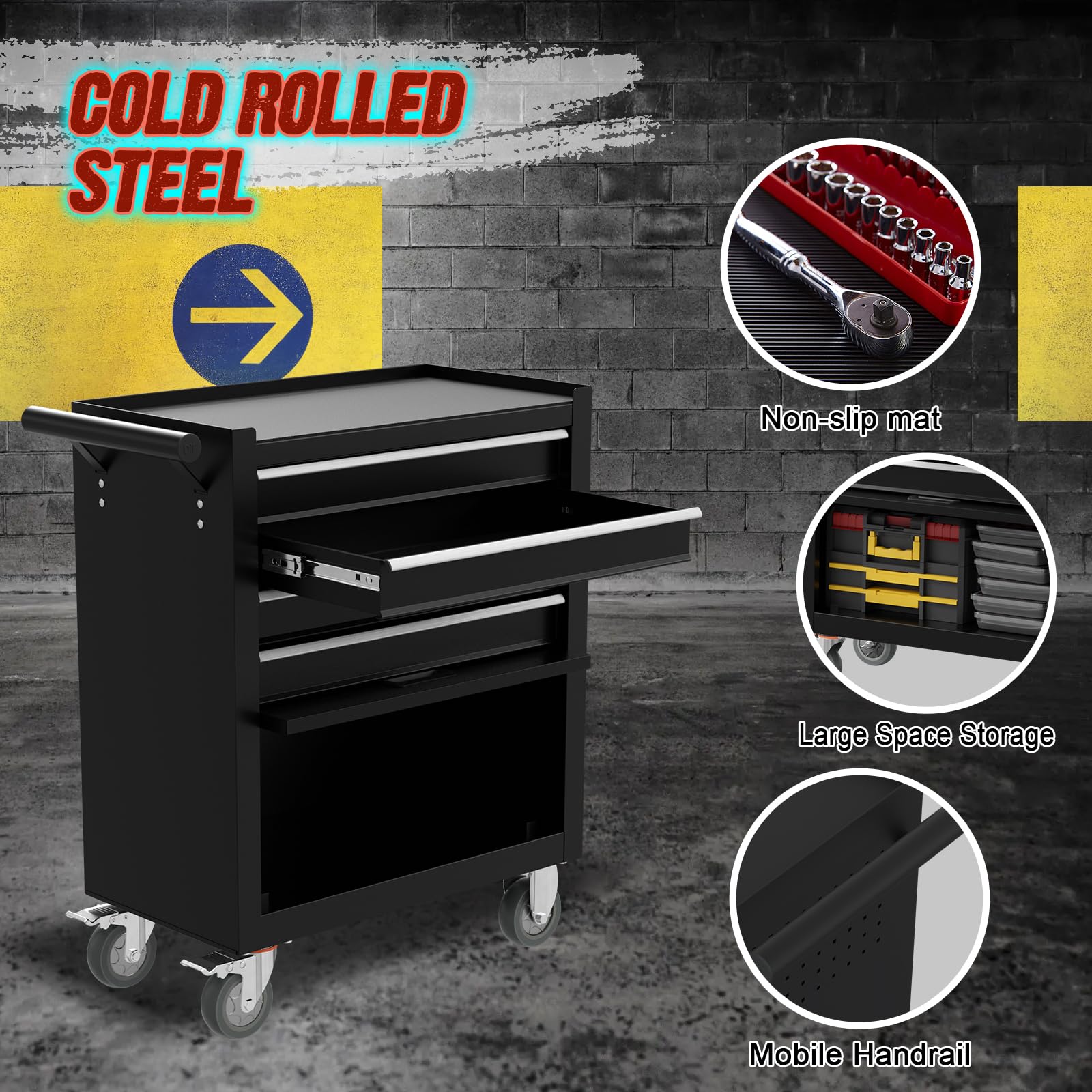 4-Drawer Rolling Tool Chest - Heavy Duty Metal Tool Cart with Wheels & Locking Drawer System - Garage & Workshop Storage Organizer for Tools - Perfect for Mechanics, DIY Enthusiasts & Warehouse Use