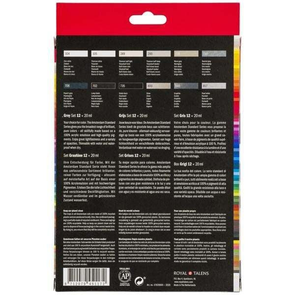 Amsterdam Standard Series Acrylic Paint Set - 12 Professional Artist Colors in Gray Tones for Canvas Painting & DIY Art Projects