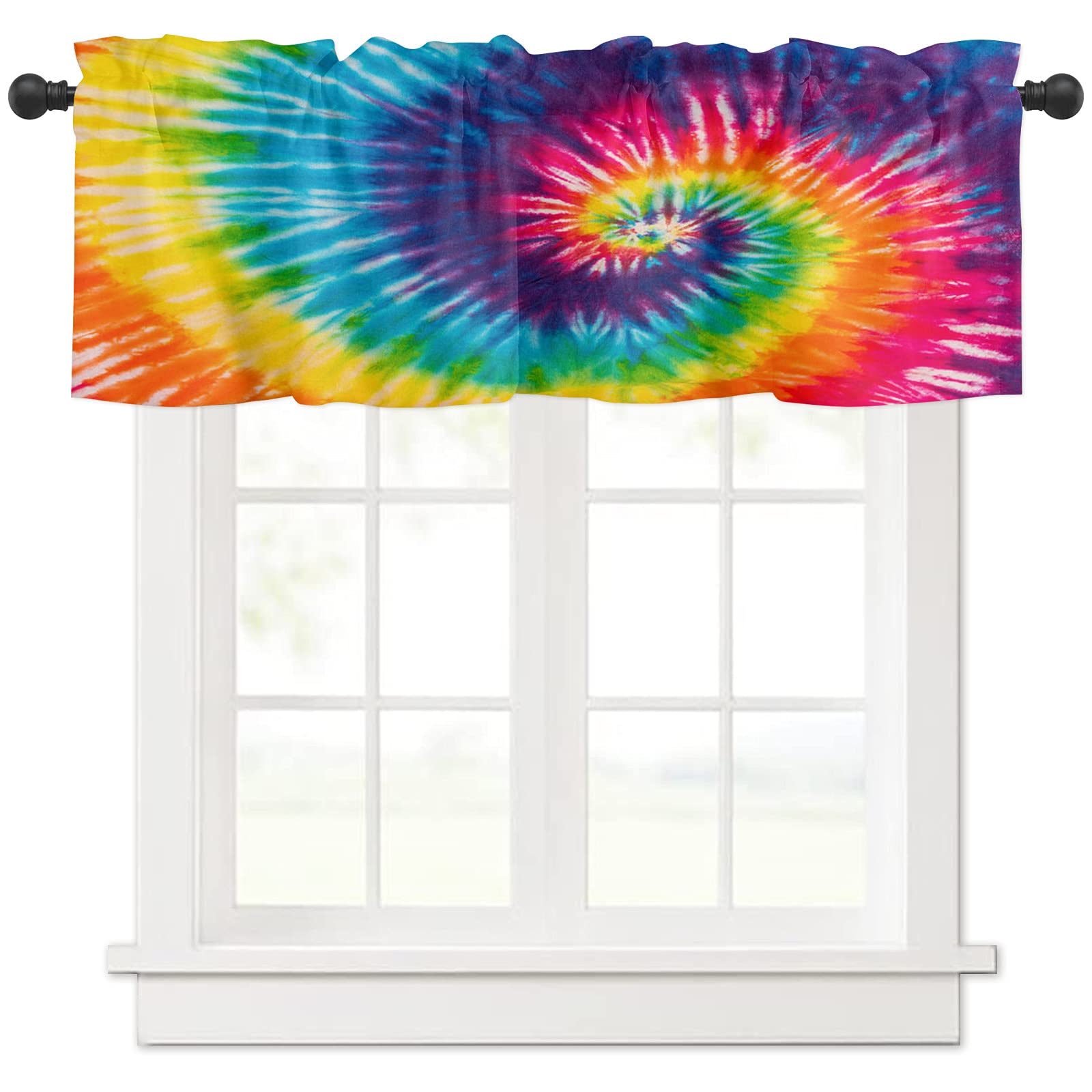 Vanlance Rod Pocket Window Curtains - Soft & Washable Rainbow Tie Dye Valance Panel (54x18 Inch) for Living Room, Kitchen & Bathroom - Perfect Small Window Treatment & Home Decor Accent