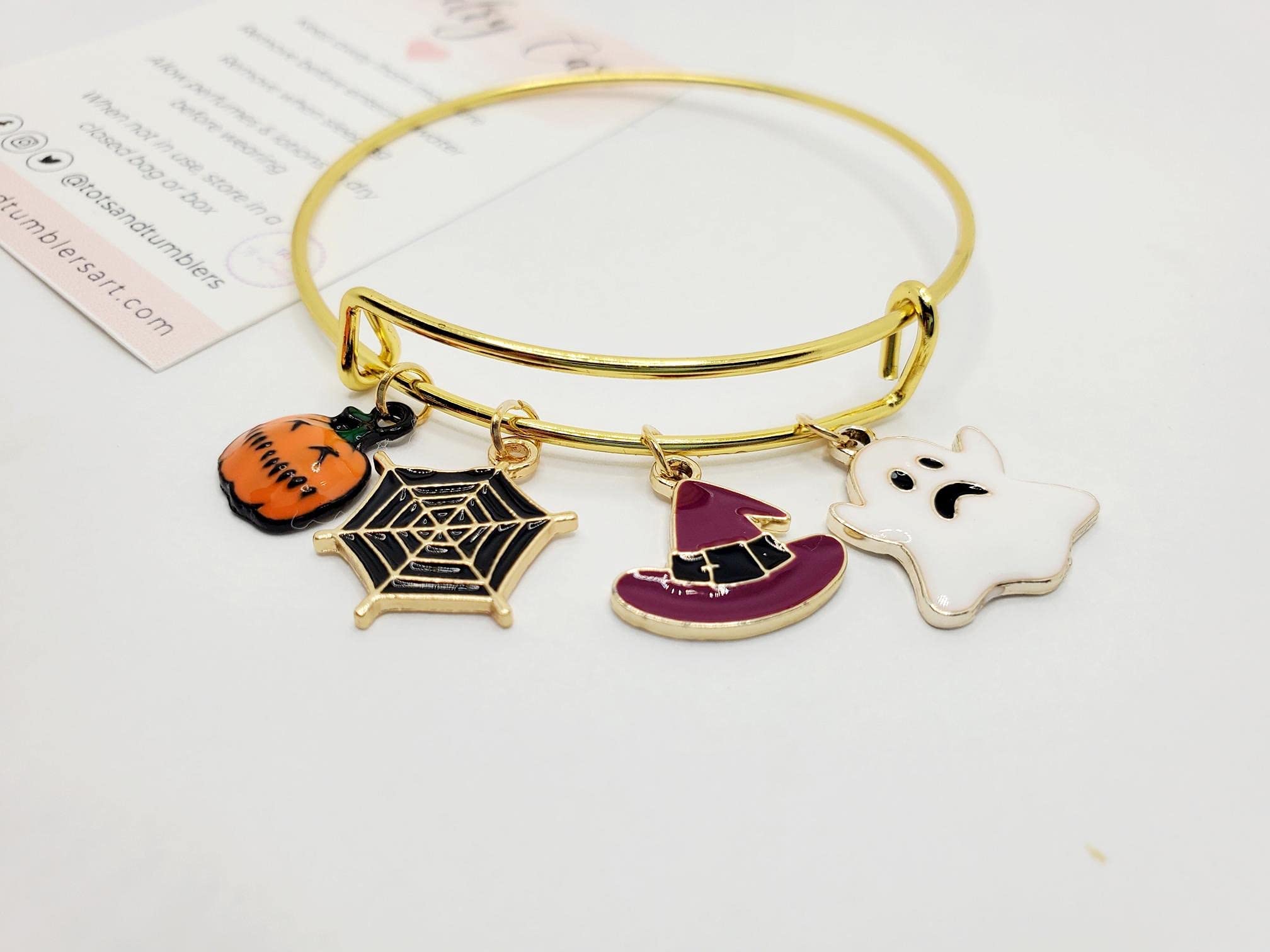 Halloween Charm Bracelet - Gold Plated Bangle with 4 Spooky Charms for Women | Halloween Jewelry Gift for Party, Cosplay & Holiday Accessories