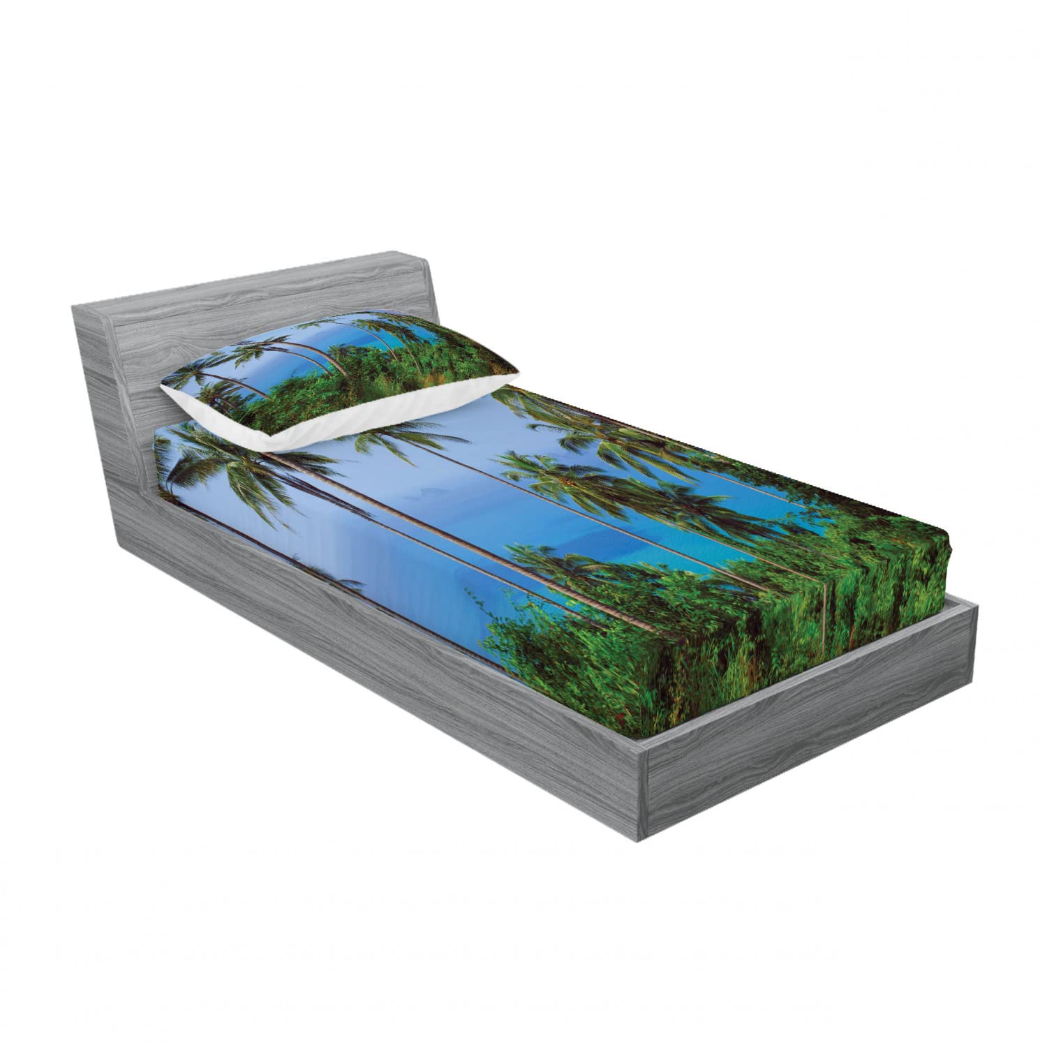 Ambesonne 2-Piece Tropical Ocean Jungle Beauty Twin Fitted Sheet Set with 2 Pillow Shams - Blue Green Bedding Decor for Beach House, Guest Room & Vacation Home Decor